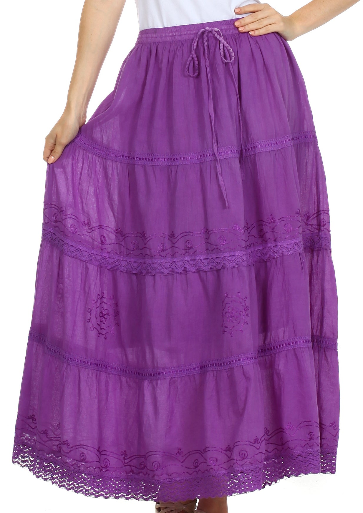 Purple tiered skirt with lace details on a white background