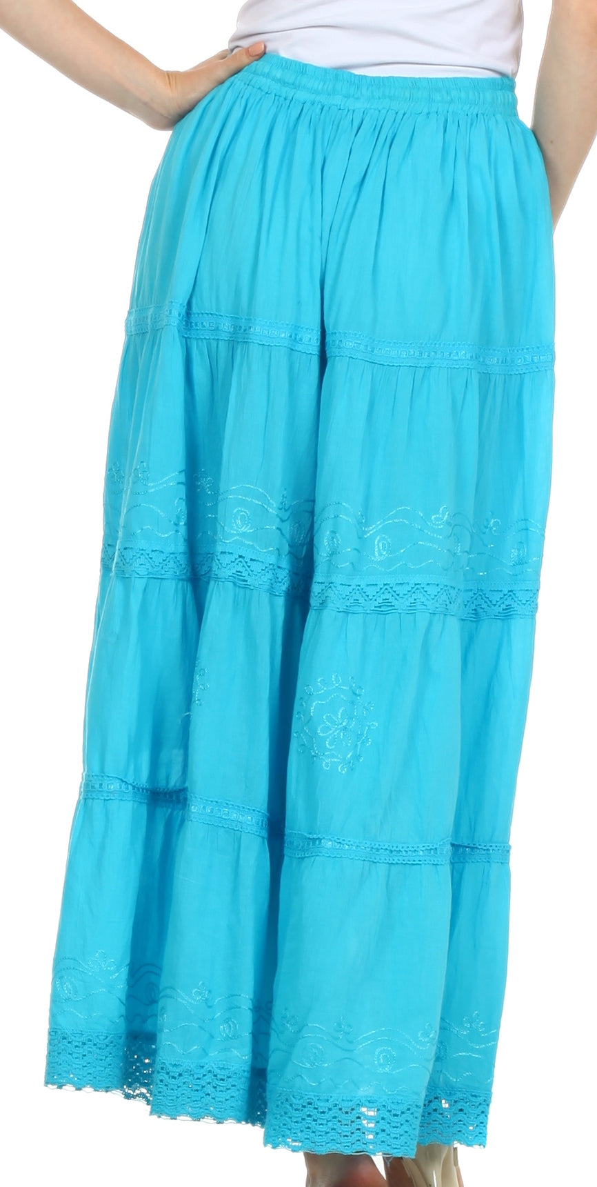 Turquoise tiered skirt with lace details on a white background