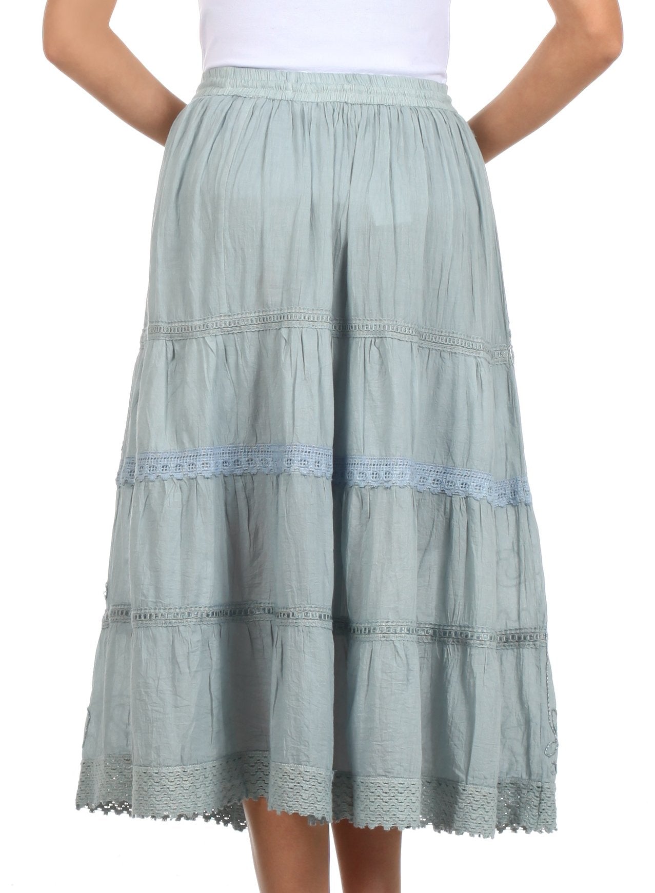 Light blue tiered skirt with lace details on a white background
