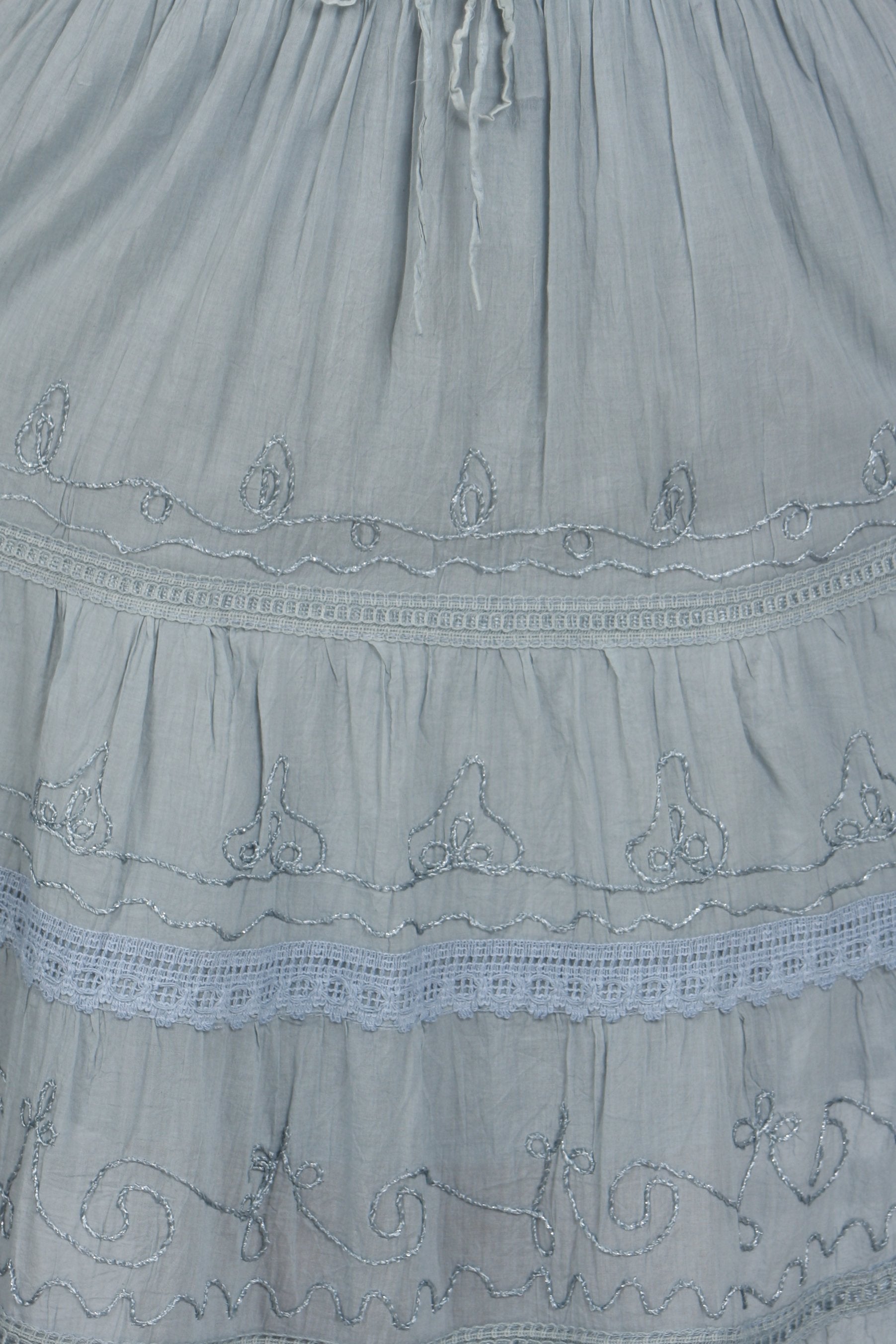 Close-up of a light blue dress with intricate embroidery details.