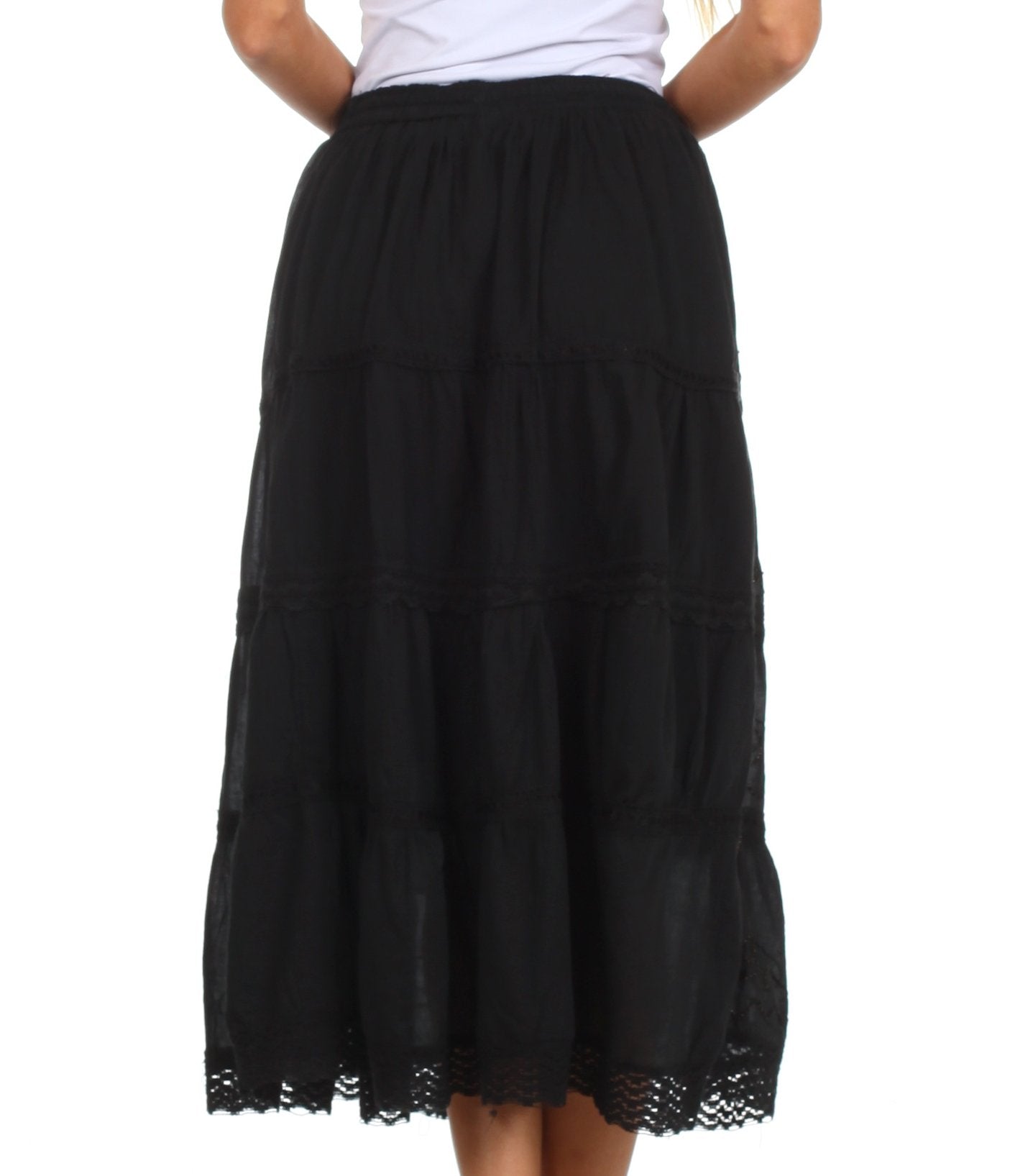 Black tiered skirt with lace hem on a white background