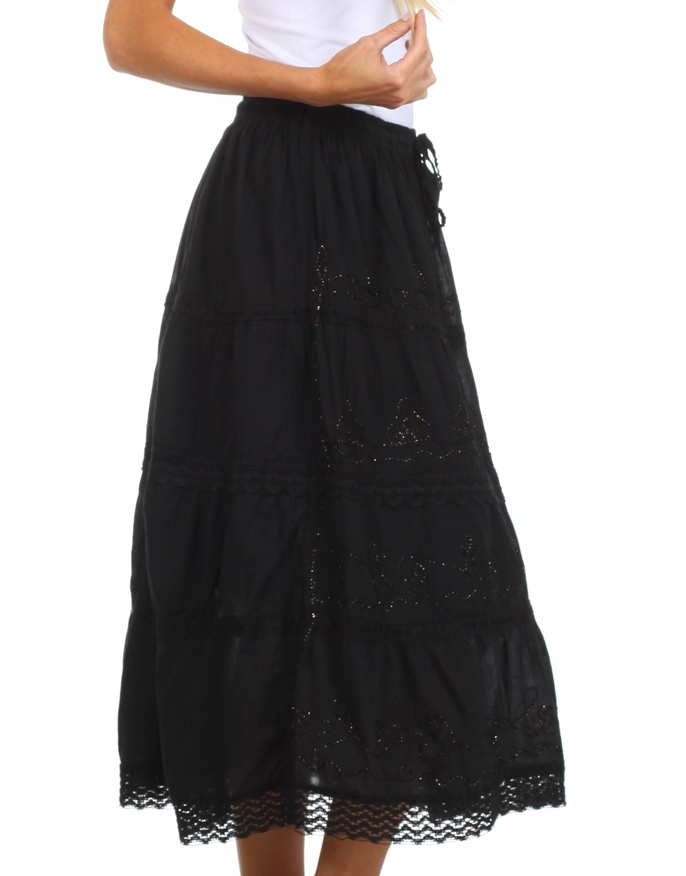 Black lace-trimmed skirt on a white background