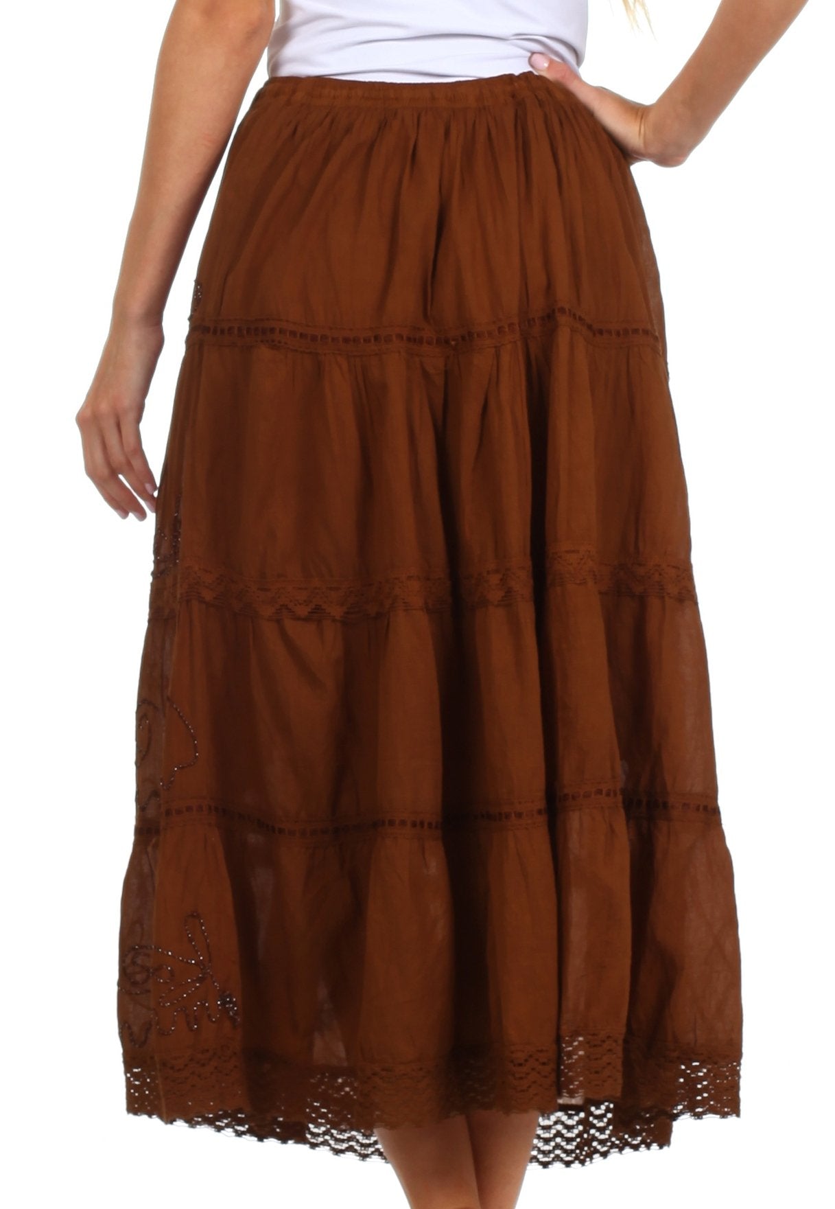 Brown tiered skirt with lace trim on a white background