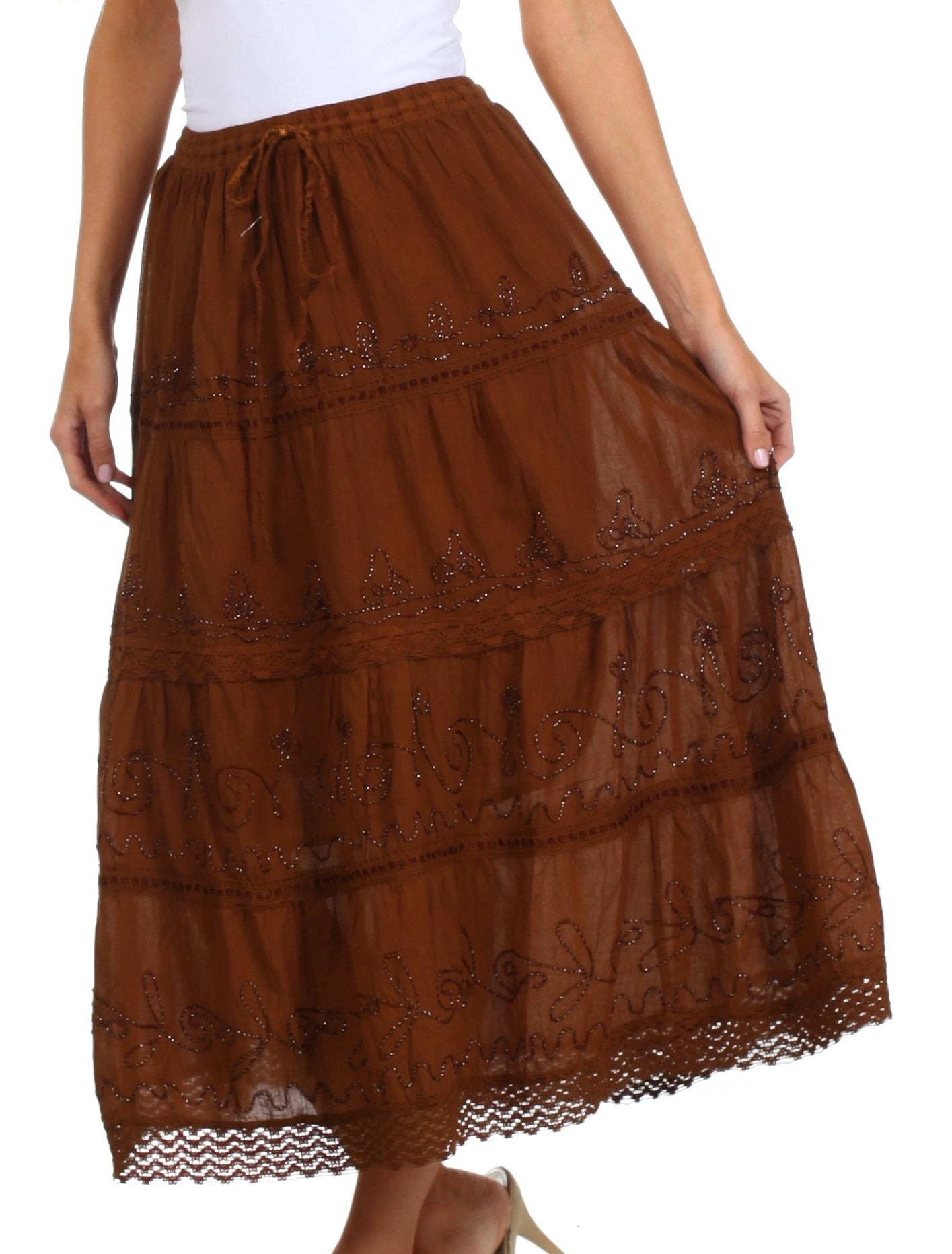 Brown tiered skirt with lace details on a white background