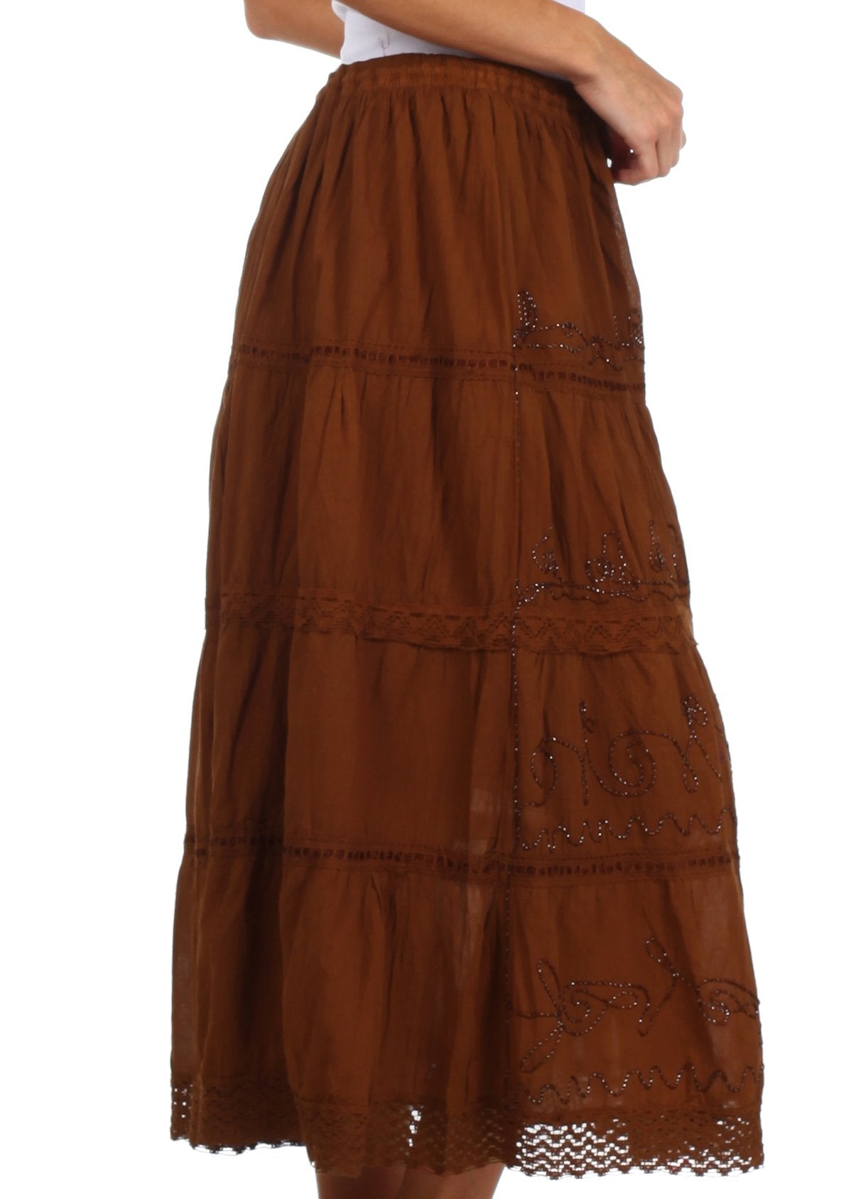 Brown tiered skirt with lace details on a white background