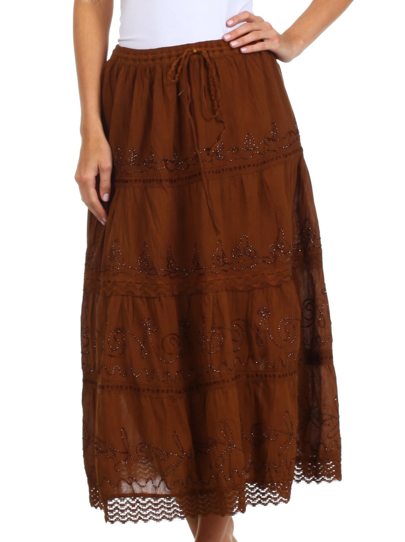Brown tiered skirt with lace details on a white background
