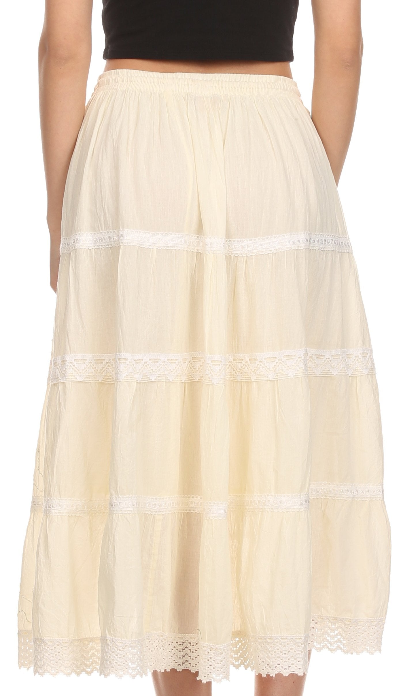 Beige lace skirt with a black top on a white background