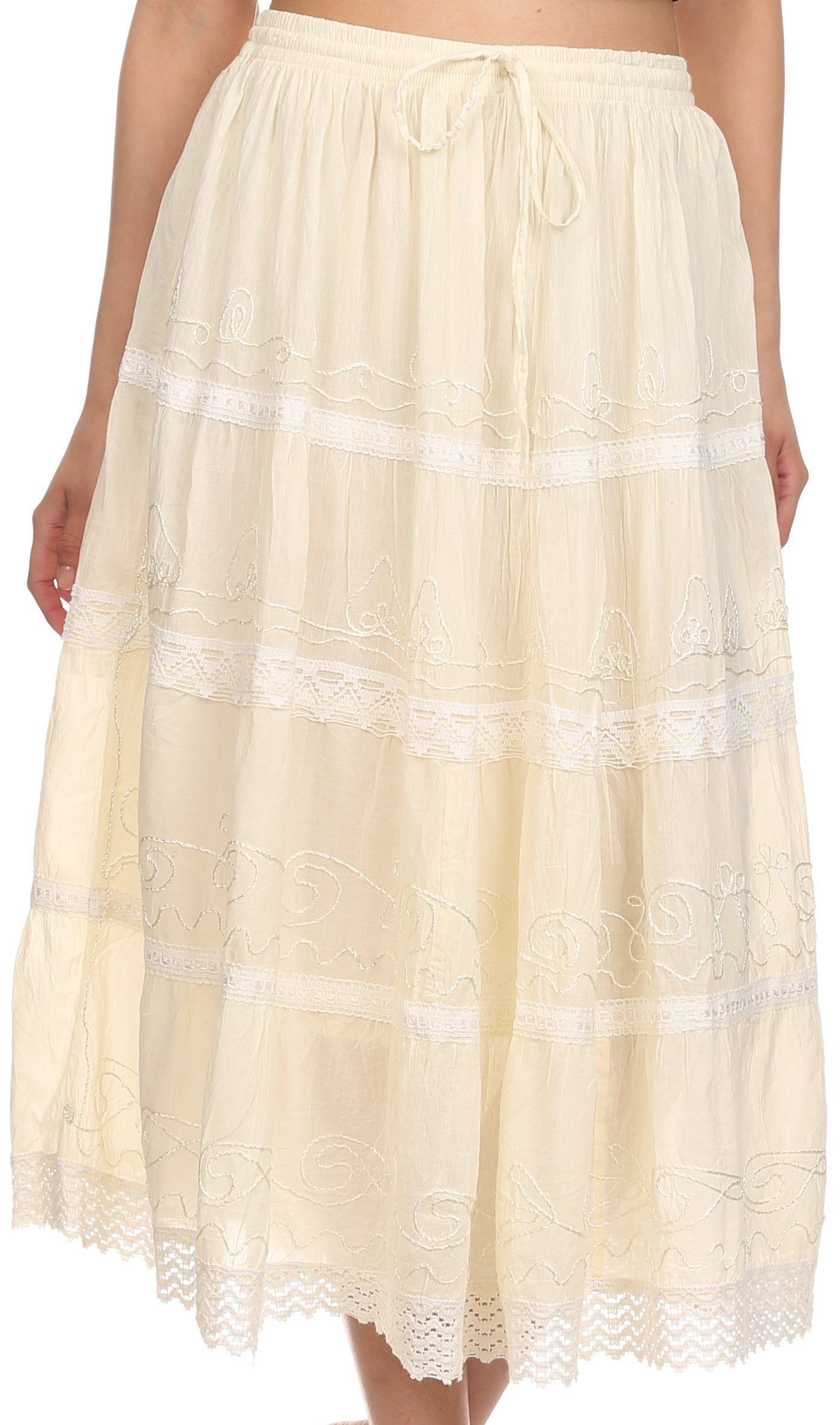 Cream-colored lace skirt worn by a person on a white background