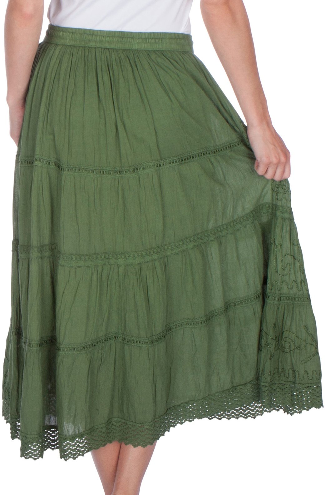 Green tiered skirt with lace trim on a white background