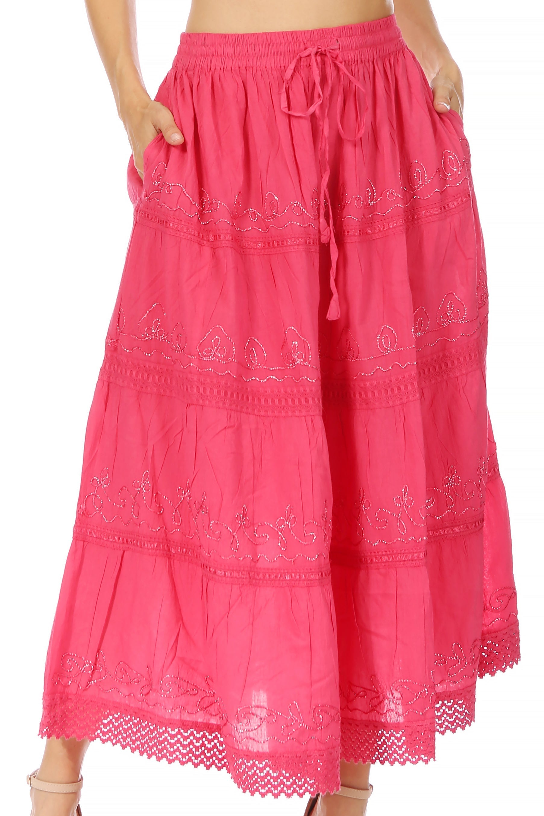 Pink skirt with lace details on a white background
