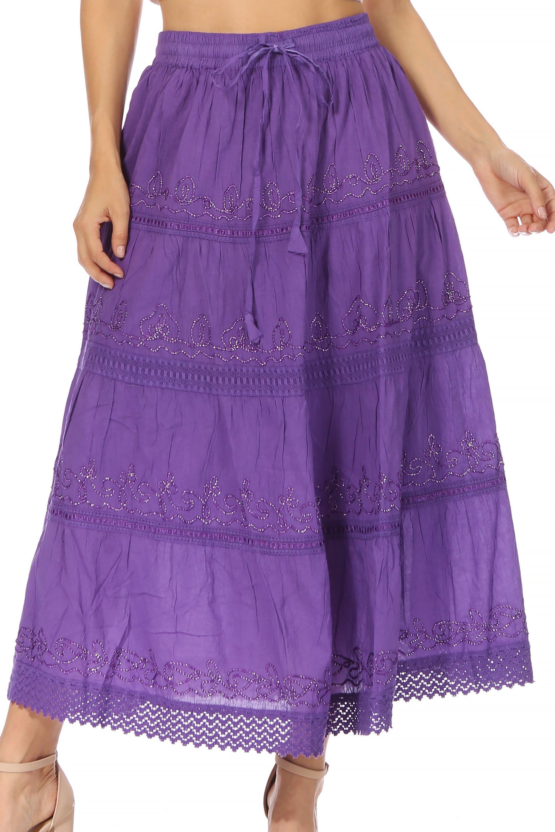 Purple embroidered skirt worn by a person