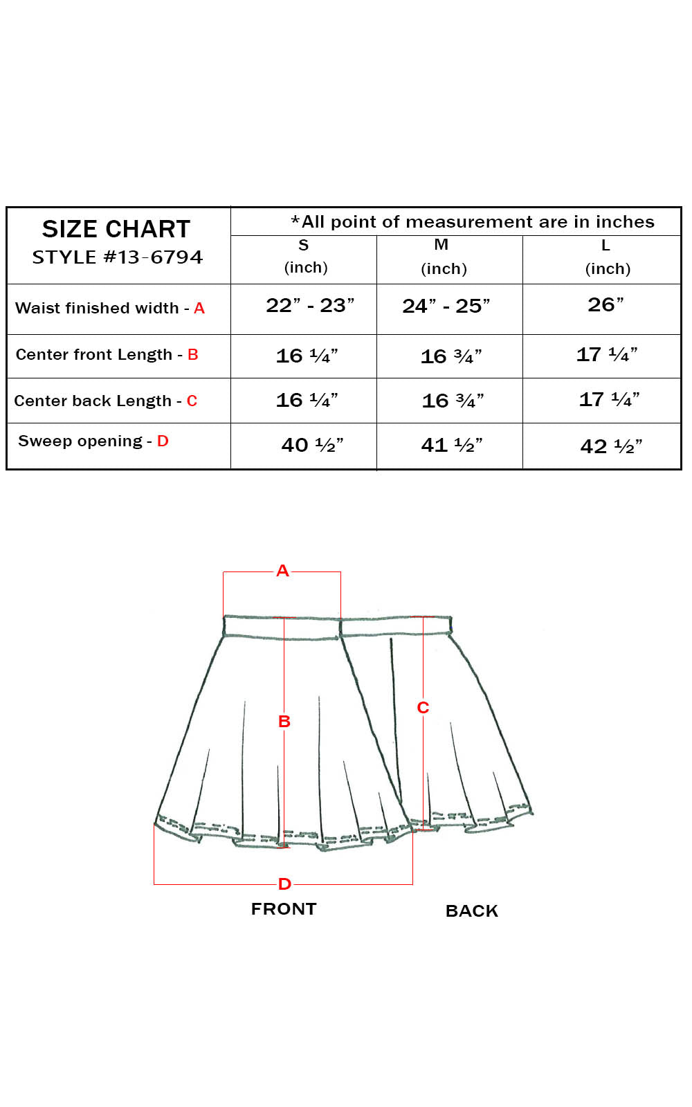 Size chart for a skirt with measurements in inches on a white background