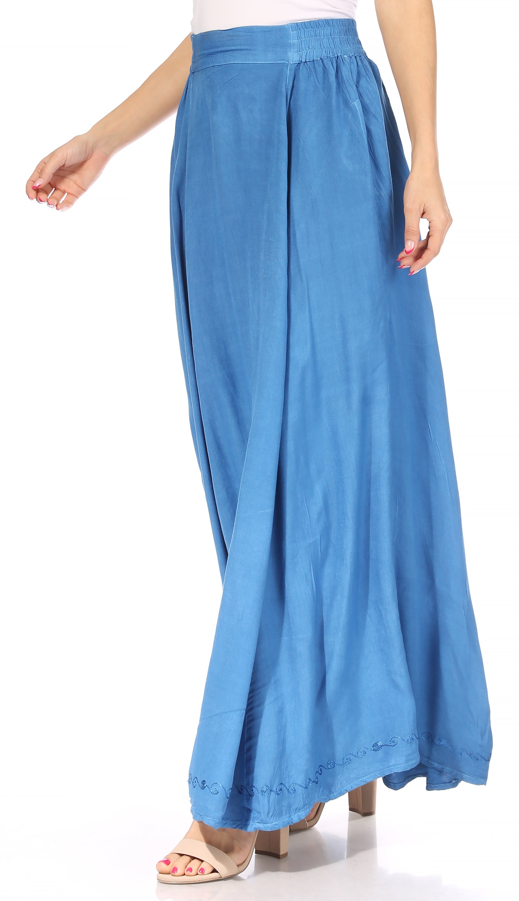 Blue wide-leg pants worn by a person on a white background