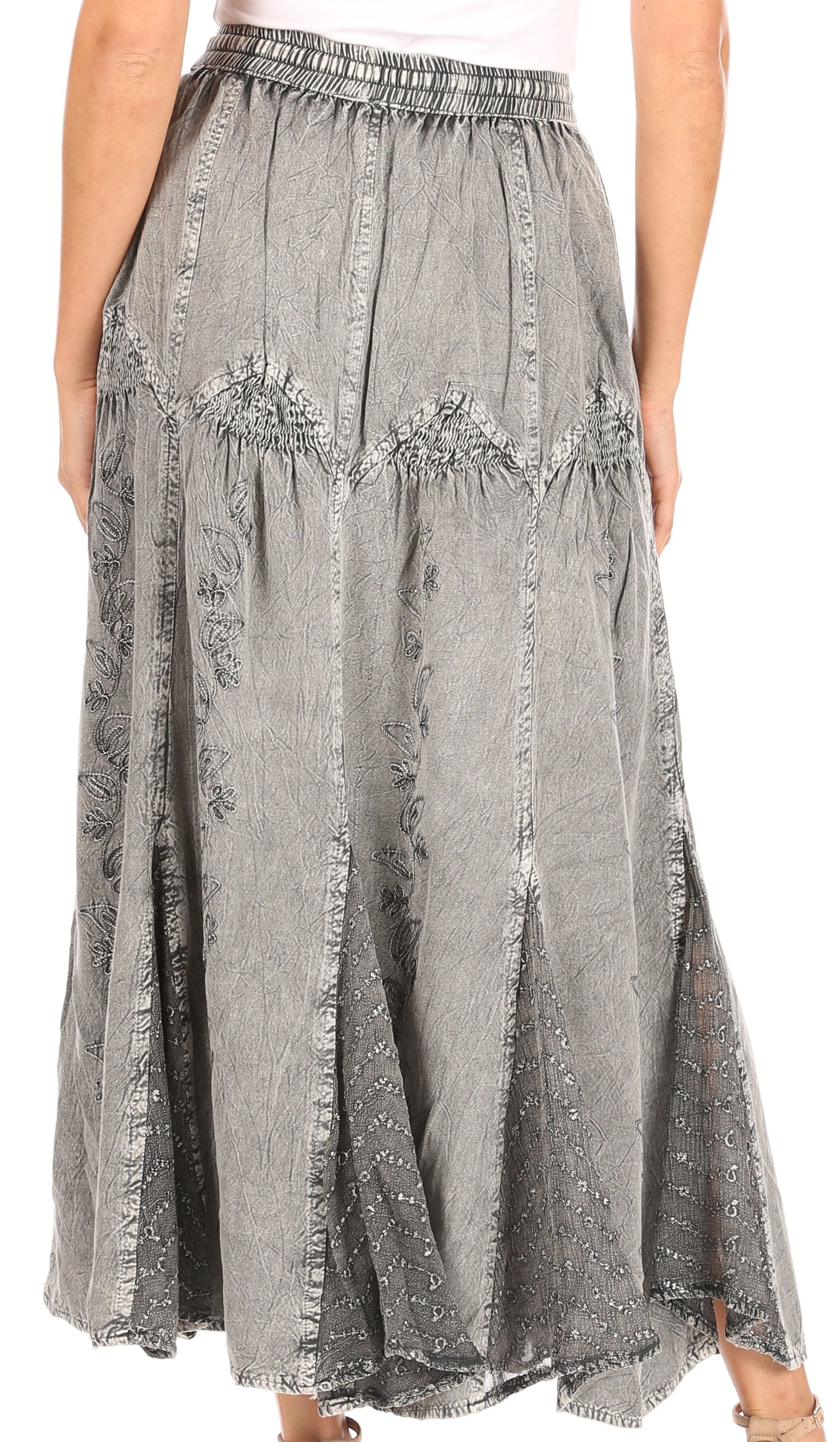 Gray denim skirt with embroidery details on a white background