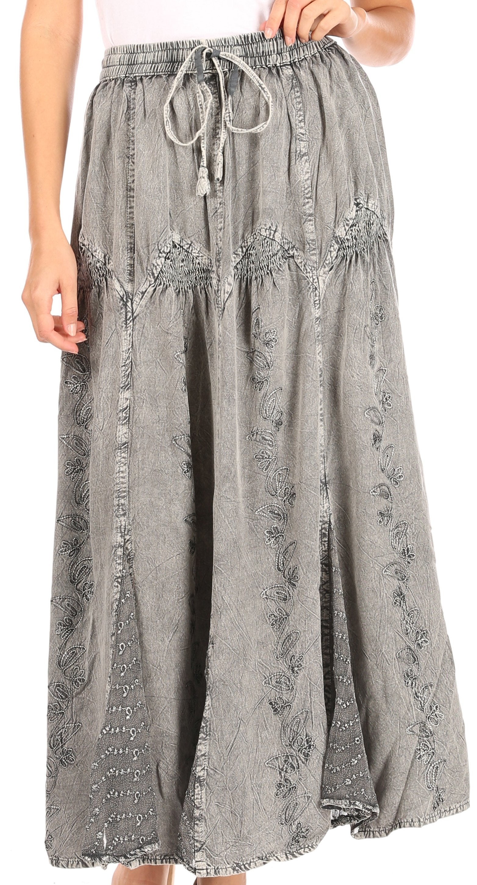 Gray floral embroidered skirt with drawstring waist on a white background