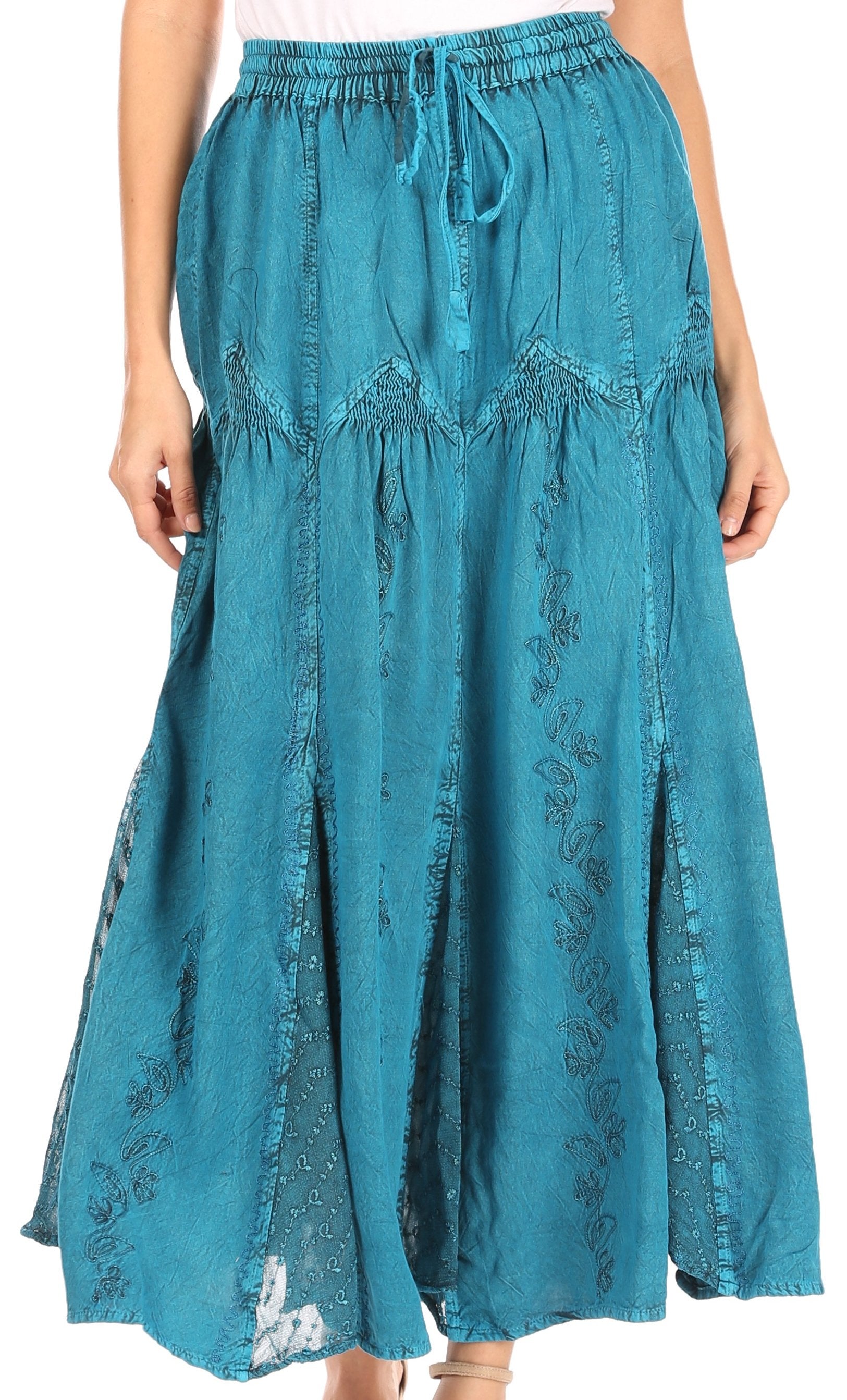 Teal denim skirt with lace details on a white background