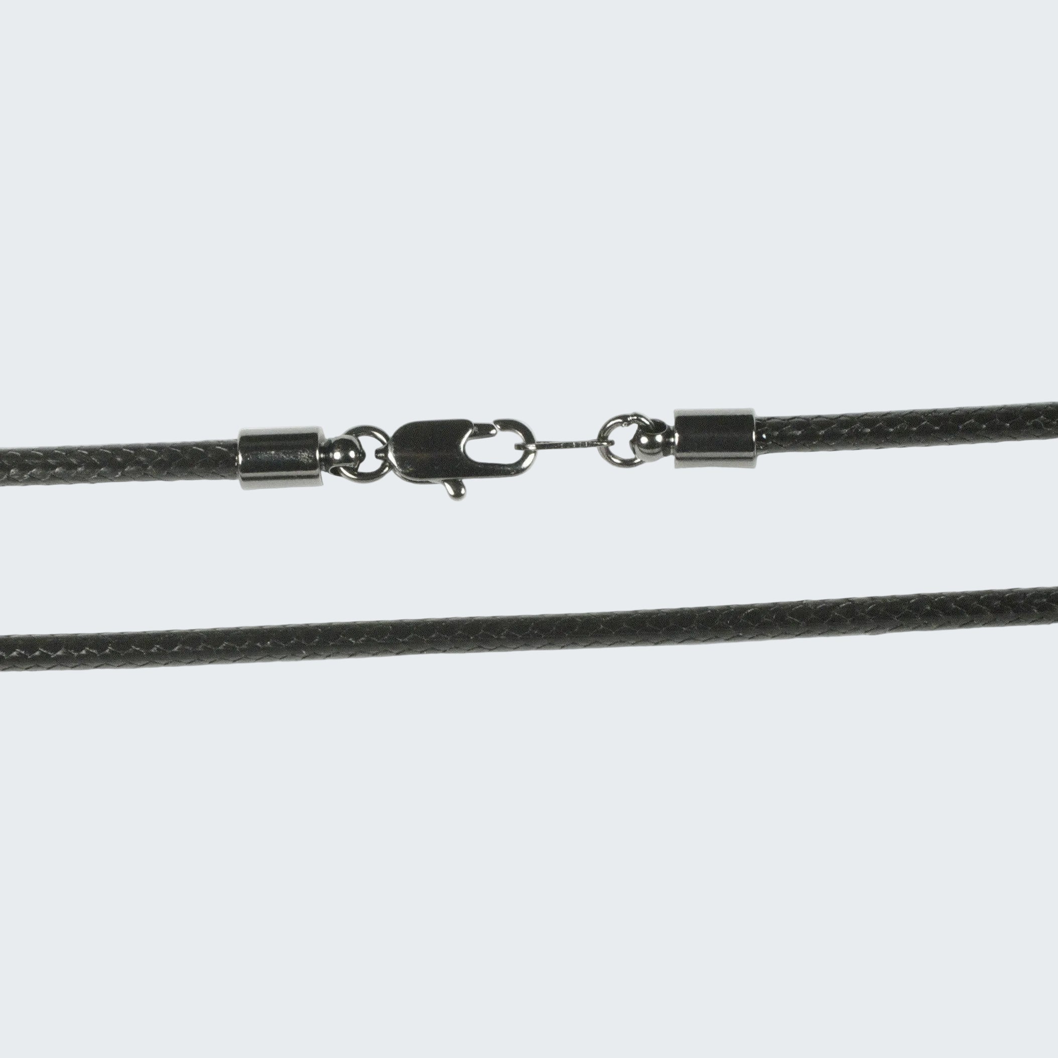 Black cord with metal clasp on a white background
