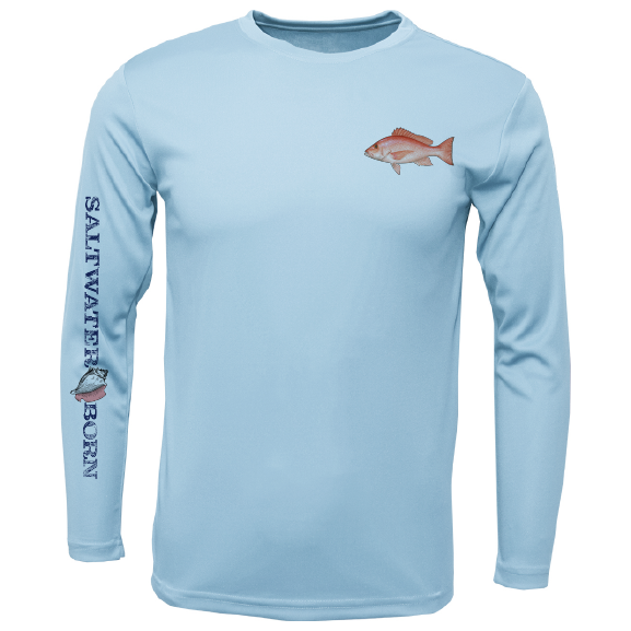 Light blue long-sleeve shirt with fish design and 'Saltwater Born' text on a white background