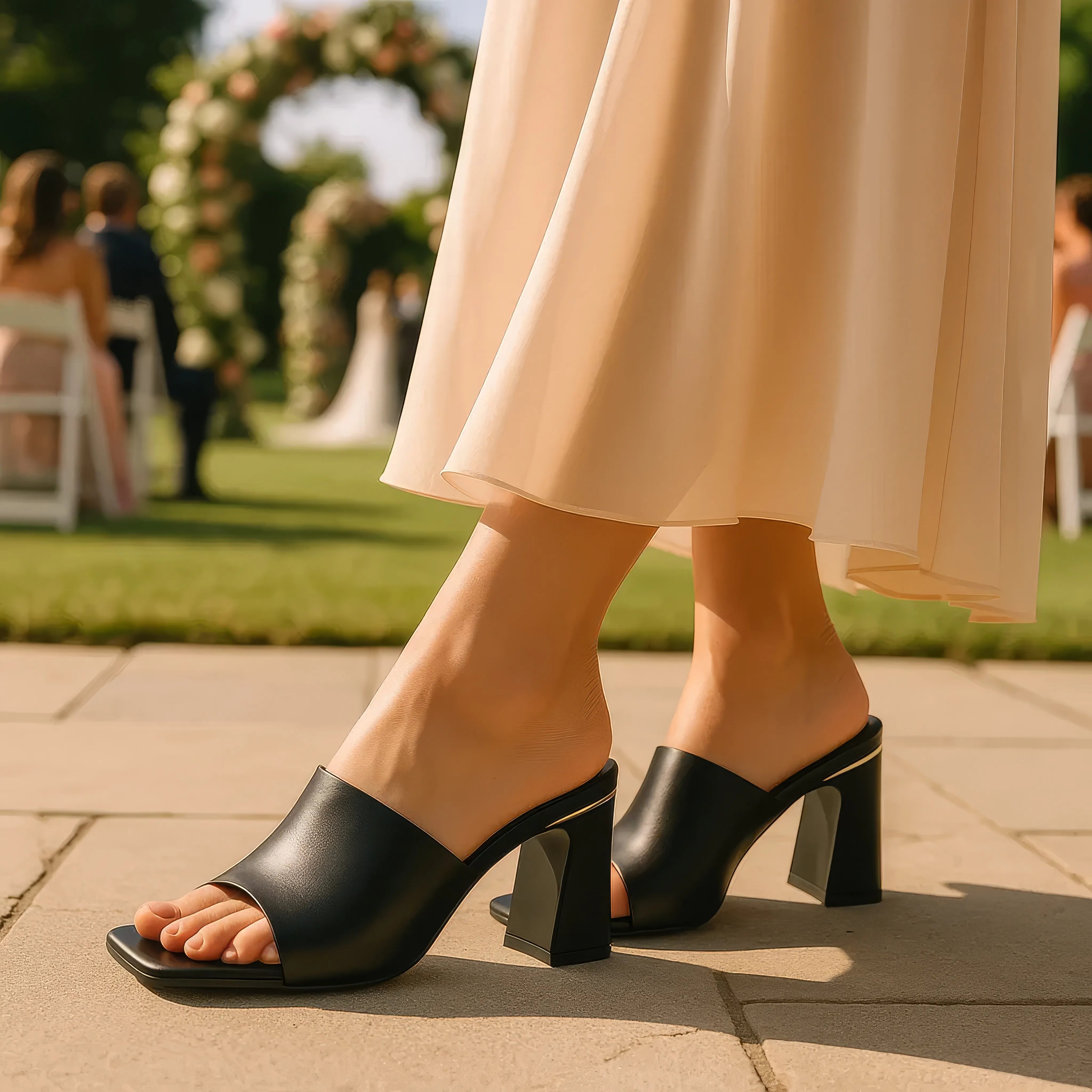 Black open-toe high-heeled shoes worn outdoors with a blurred wedding ceremony background.