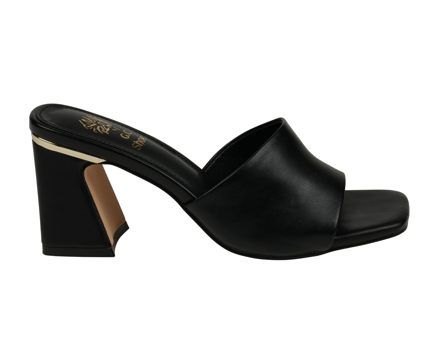 Black open-toe high-heeled shoe on a white background