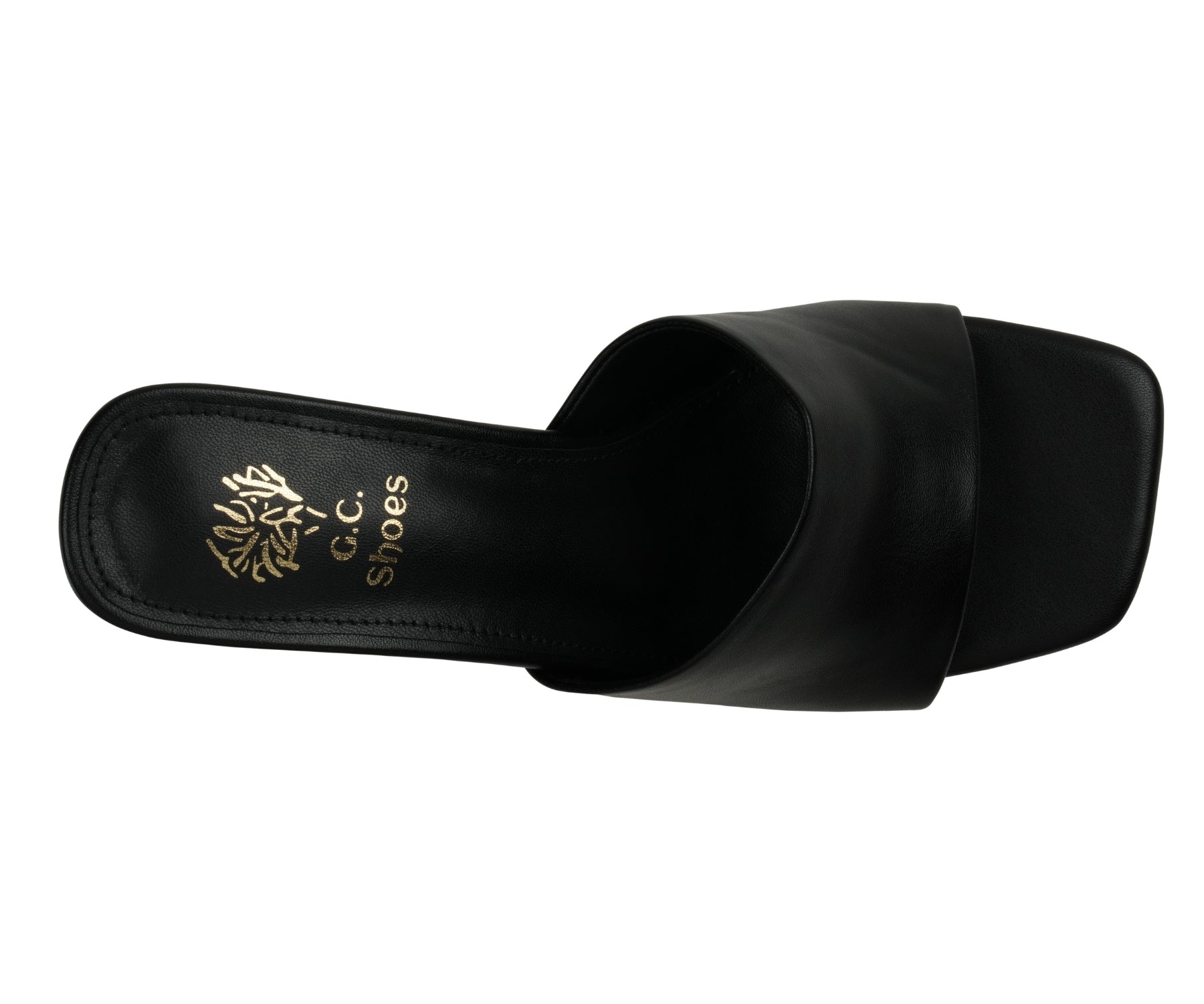 Black sandal with 'G.C. Shoes' logo on a white background