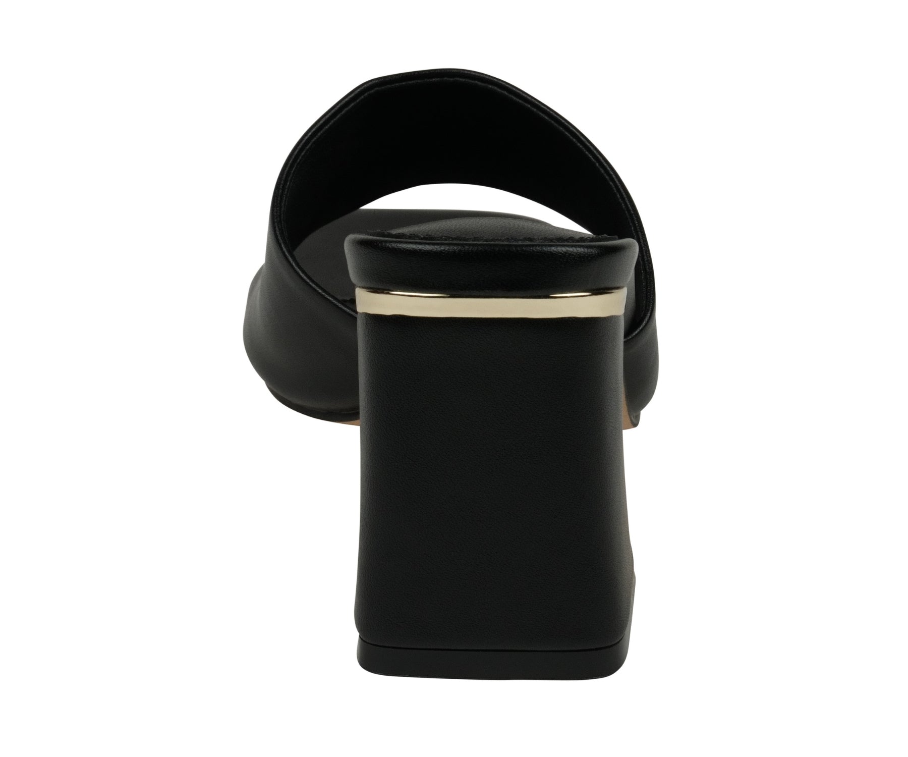 Black sandal with a gold accent on a white background