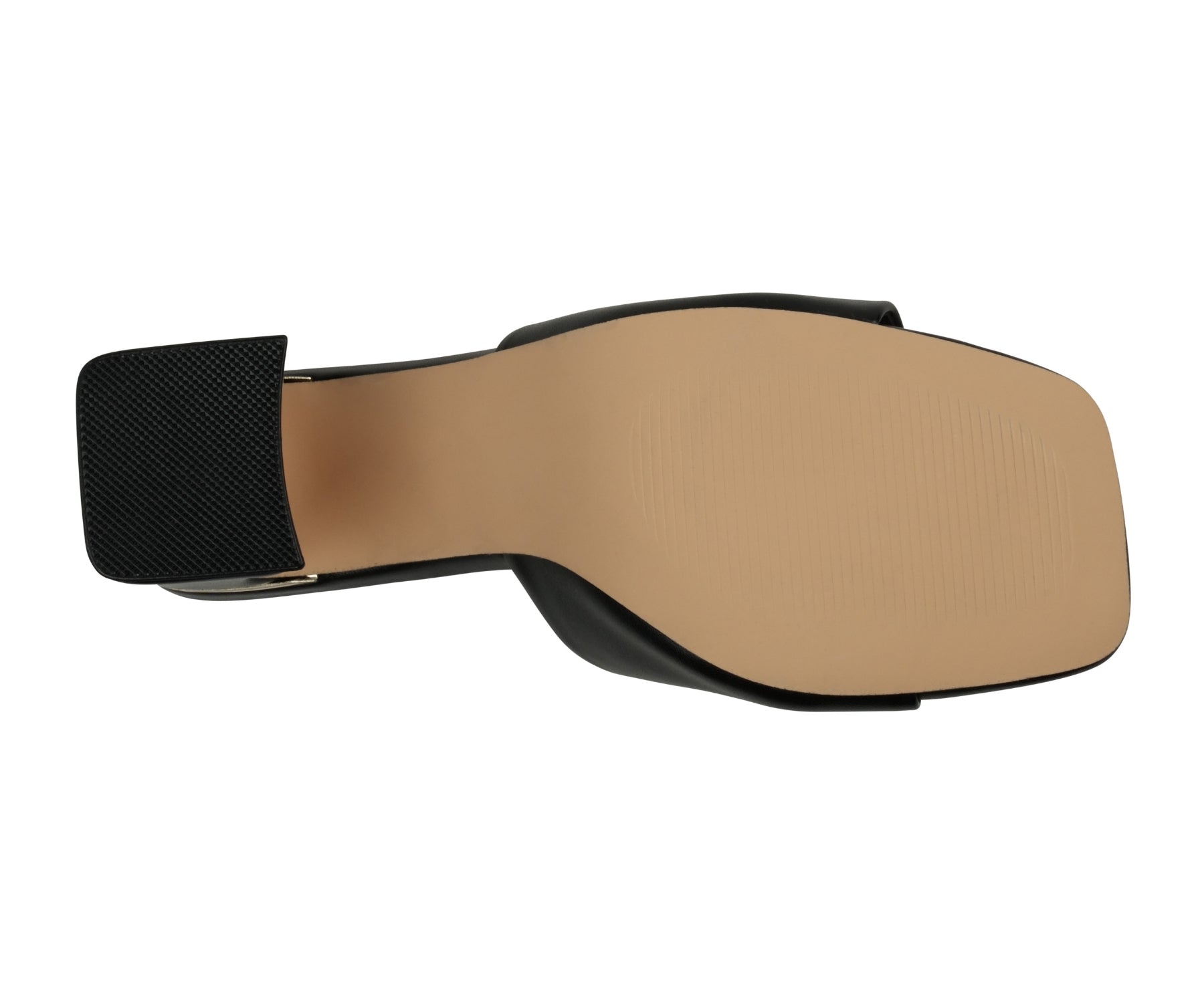 Close-up of a sandal sole with black and beige color on a white background