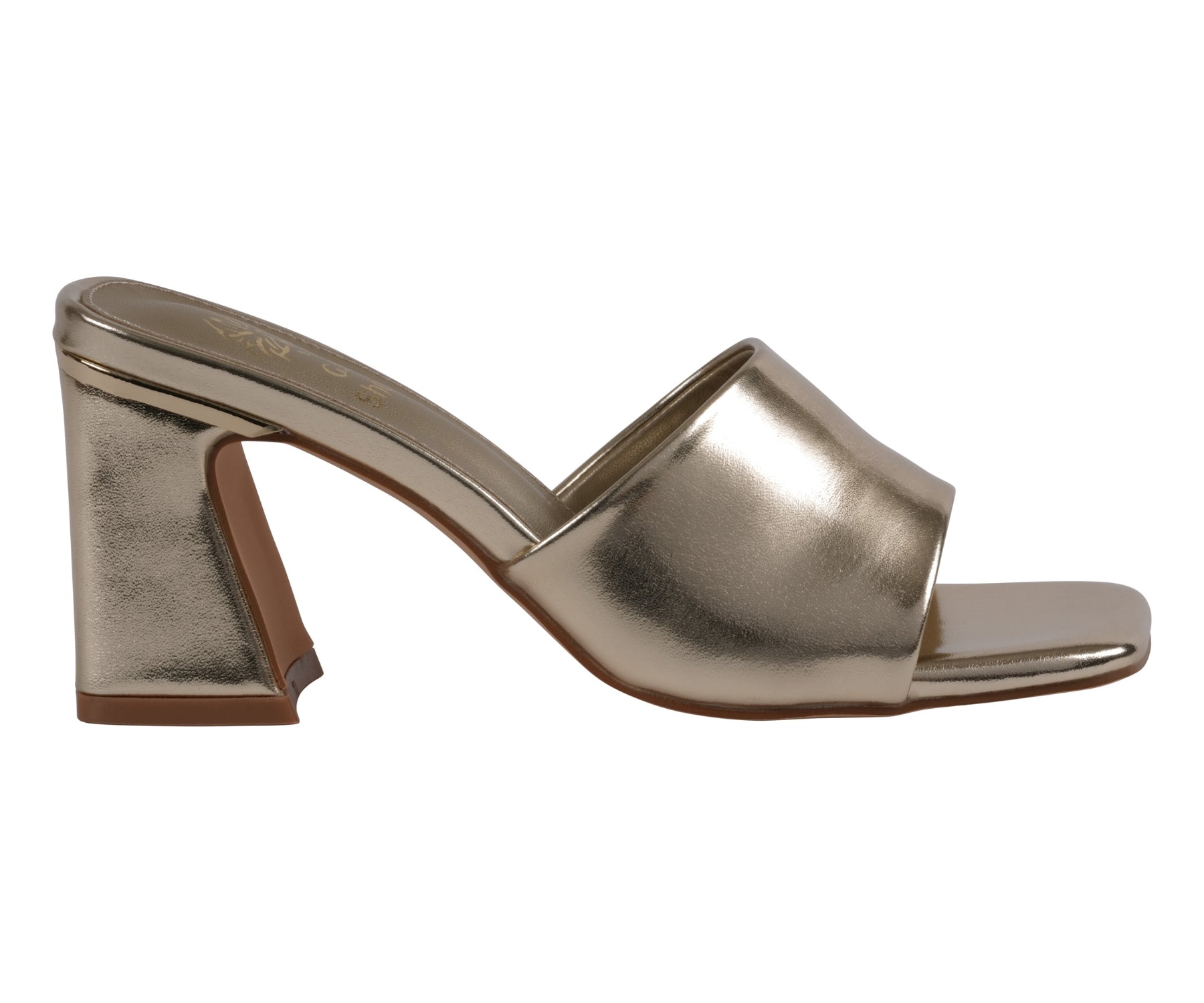 Gold metallic high-heeled shoe on a white background