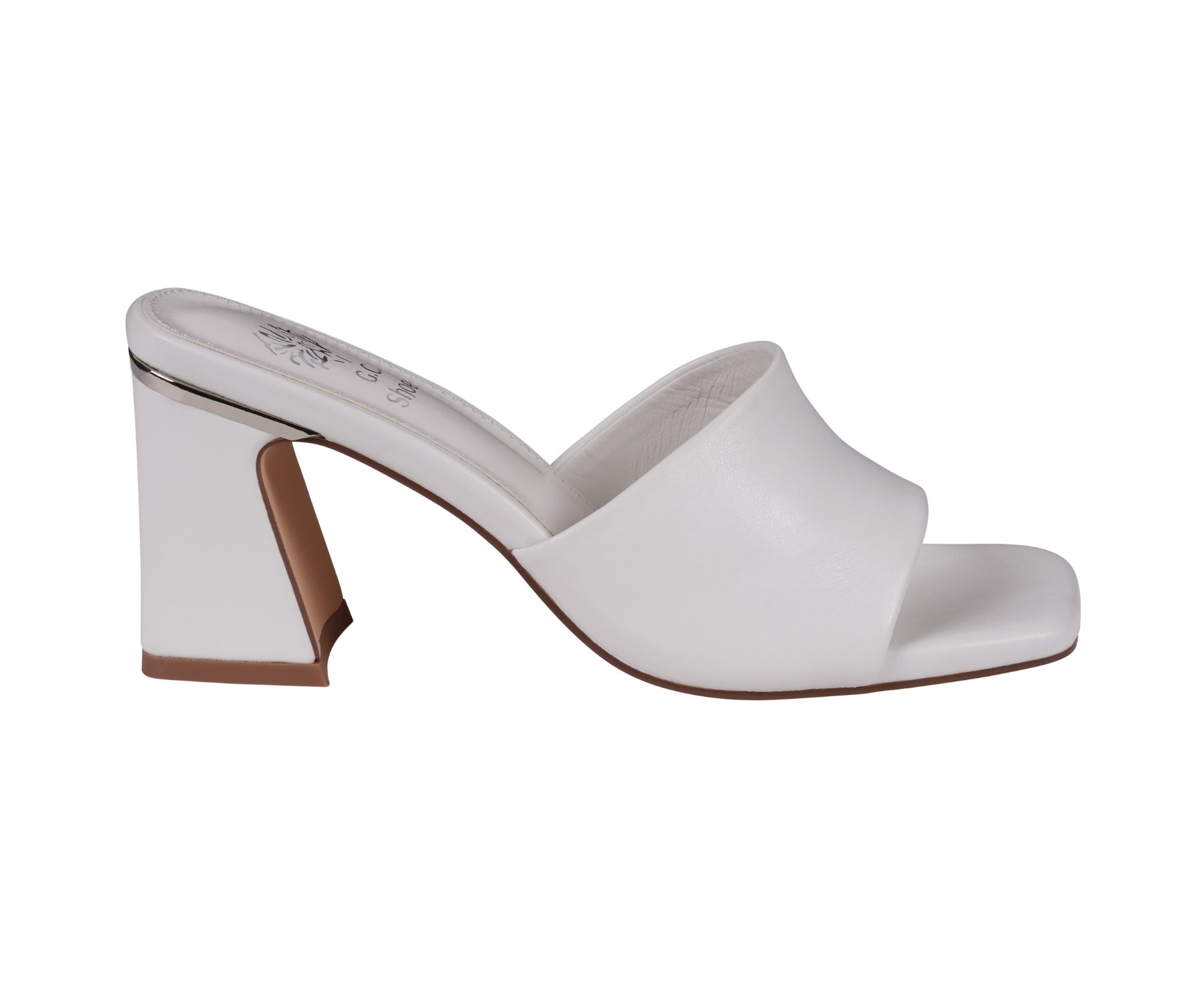 White sandal with a block heel on a white background