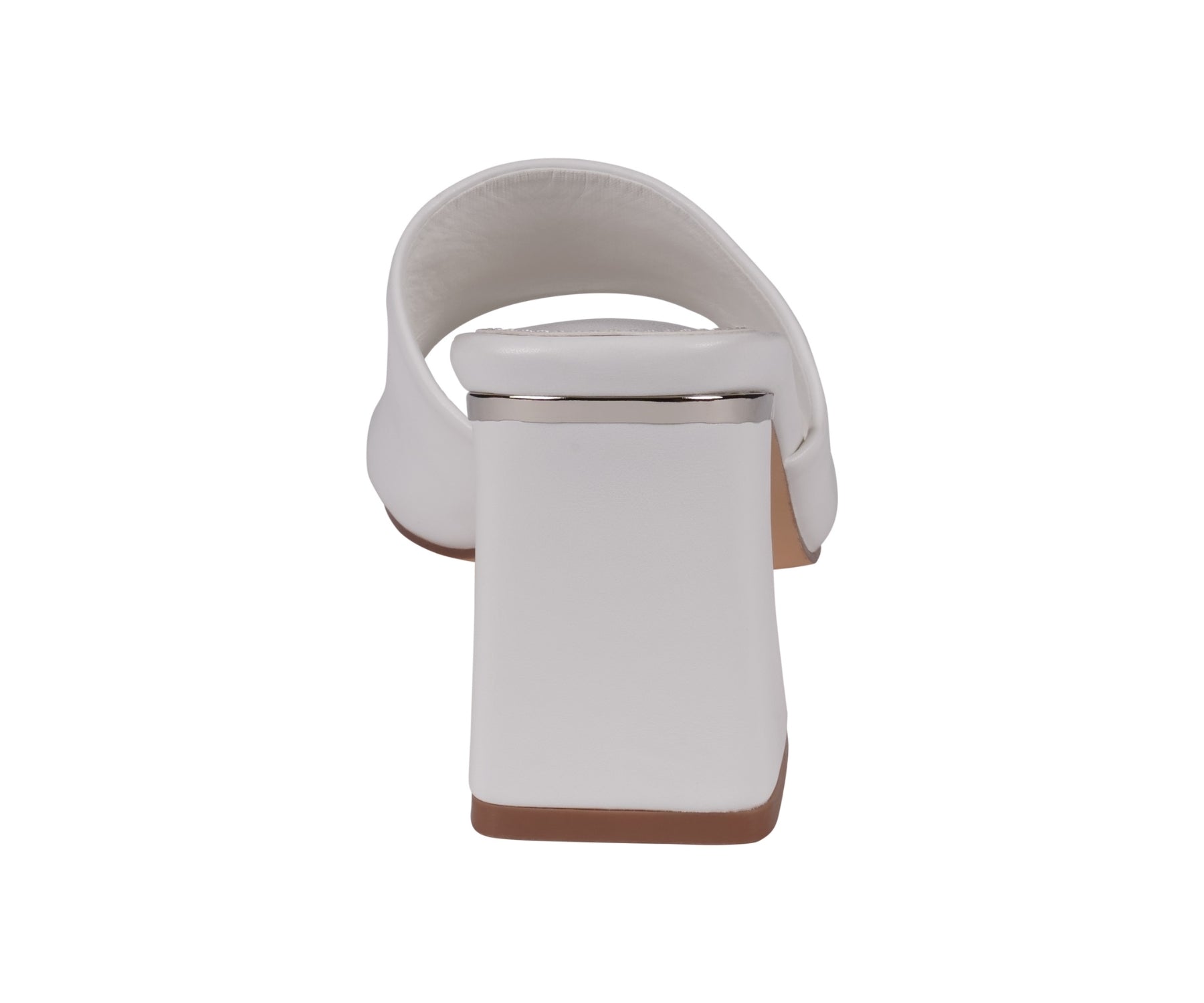 White sandal with a brown sole on a white background
