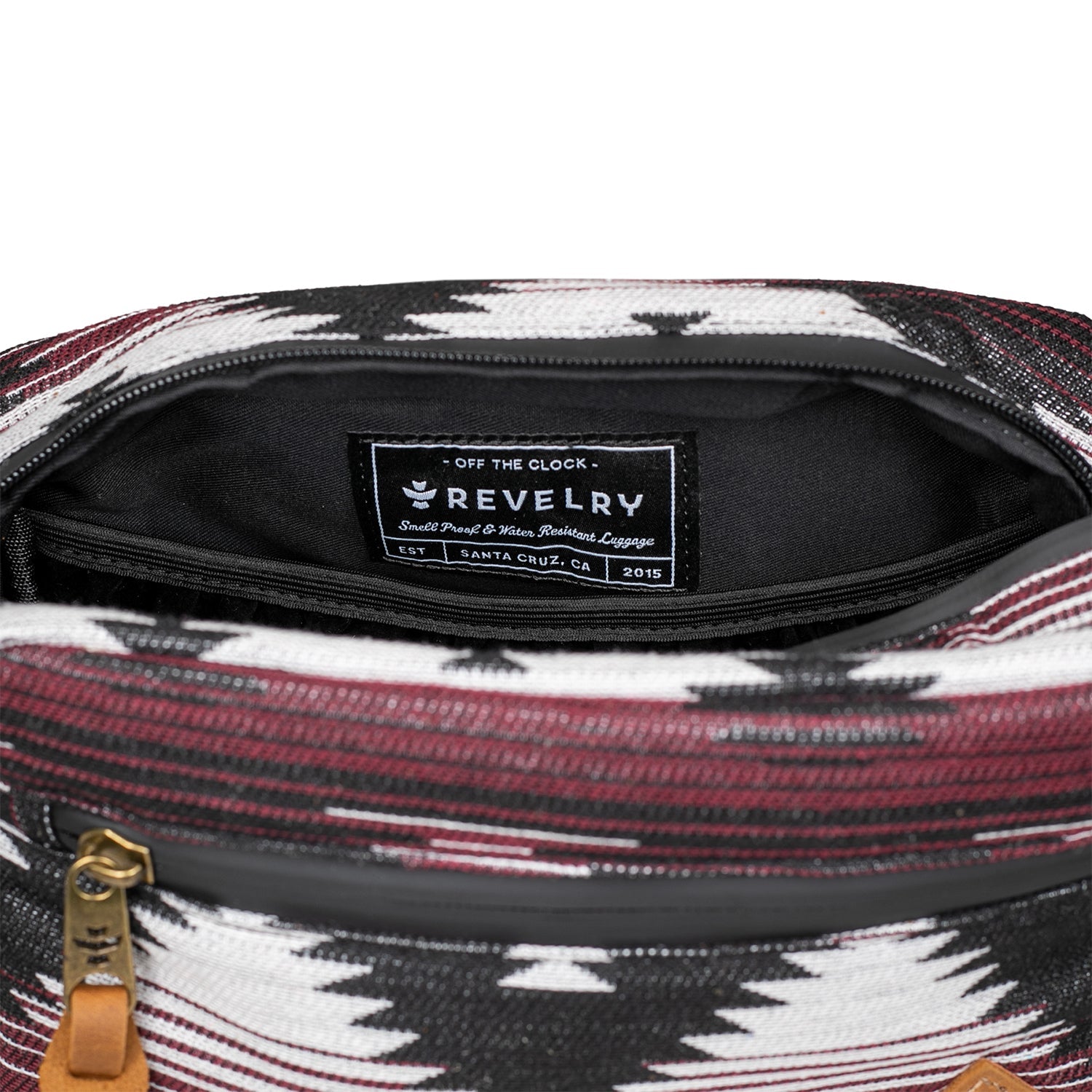 Patterned bag with a visible brand label on a white background
