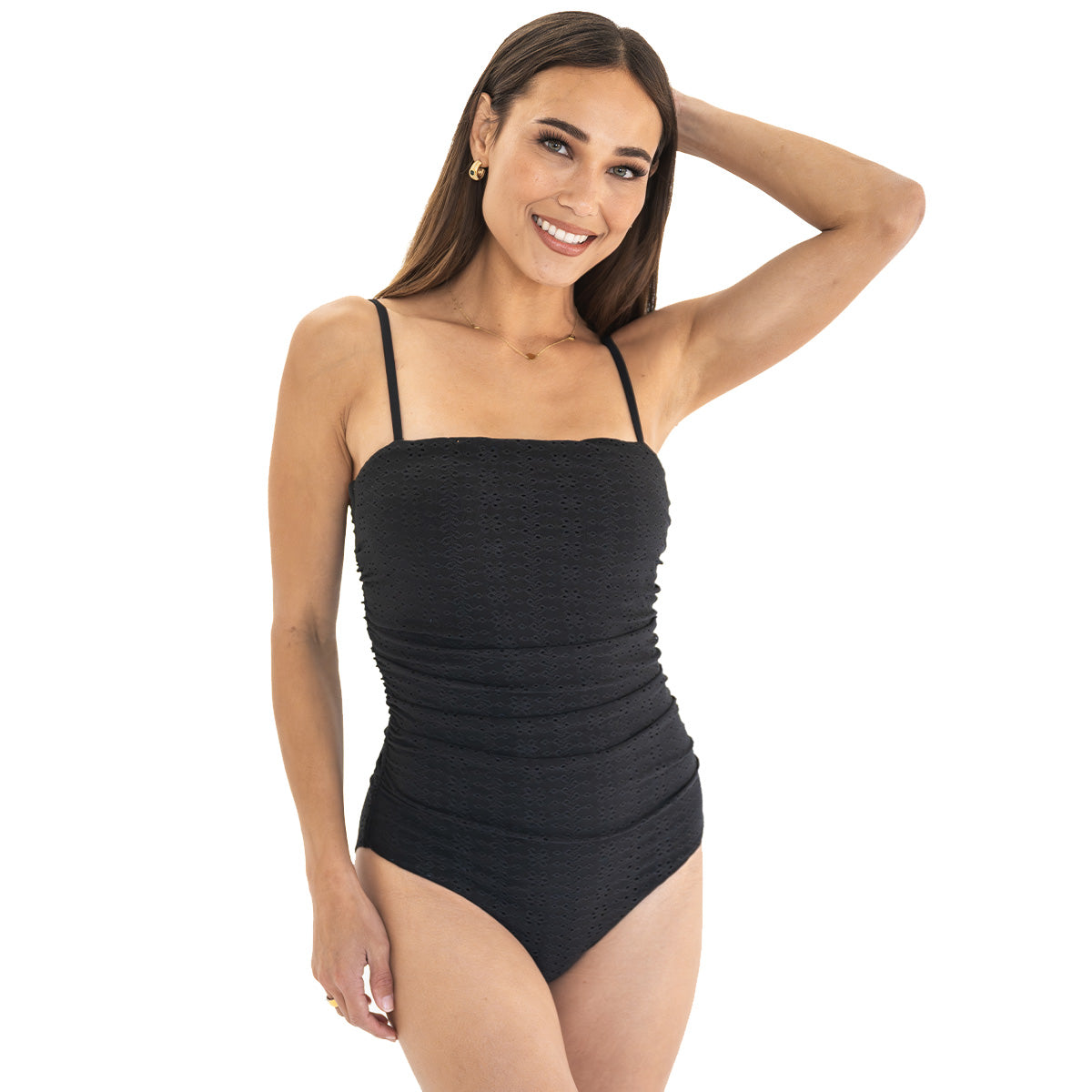 Woman wearing a black swimsuit on a white background