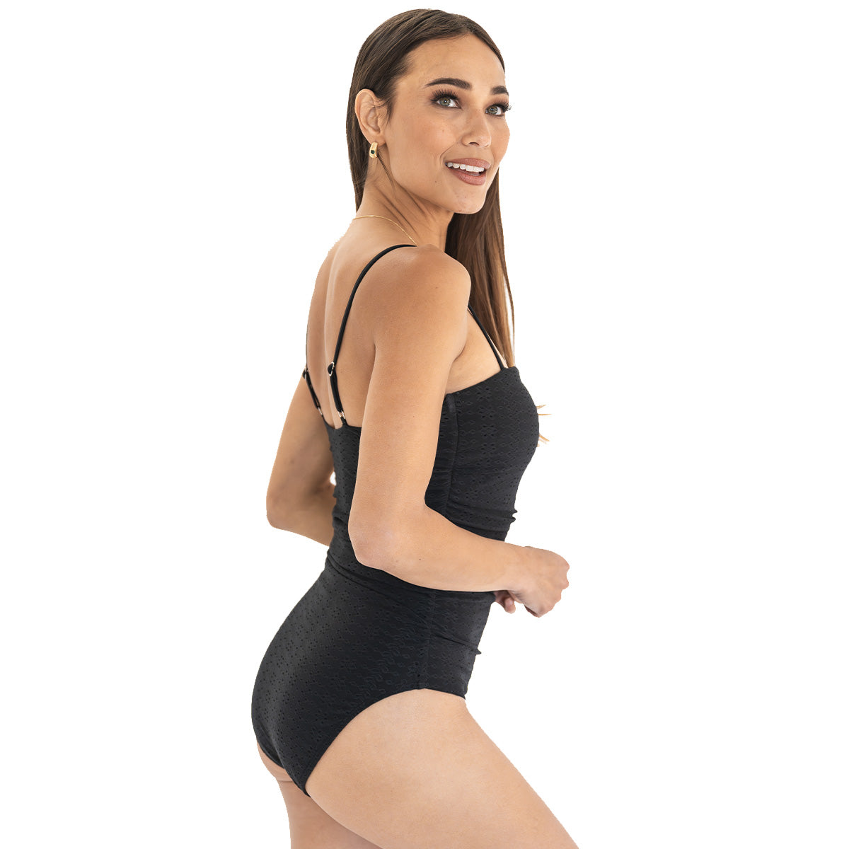 Woman wearing a black swimsuit on a white background