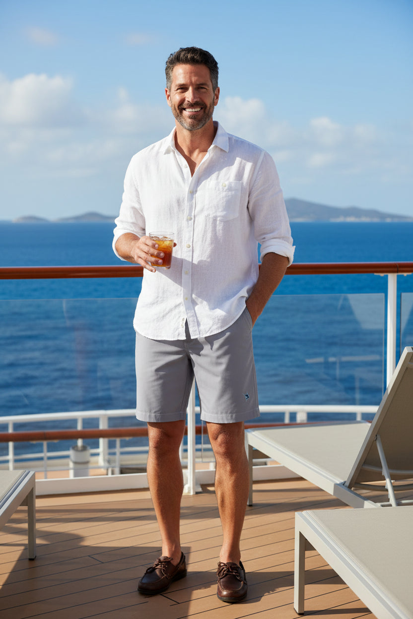 Gray shorts with button and strap details on a white background