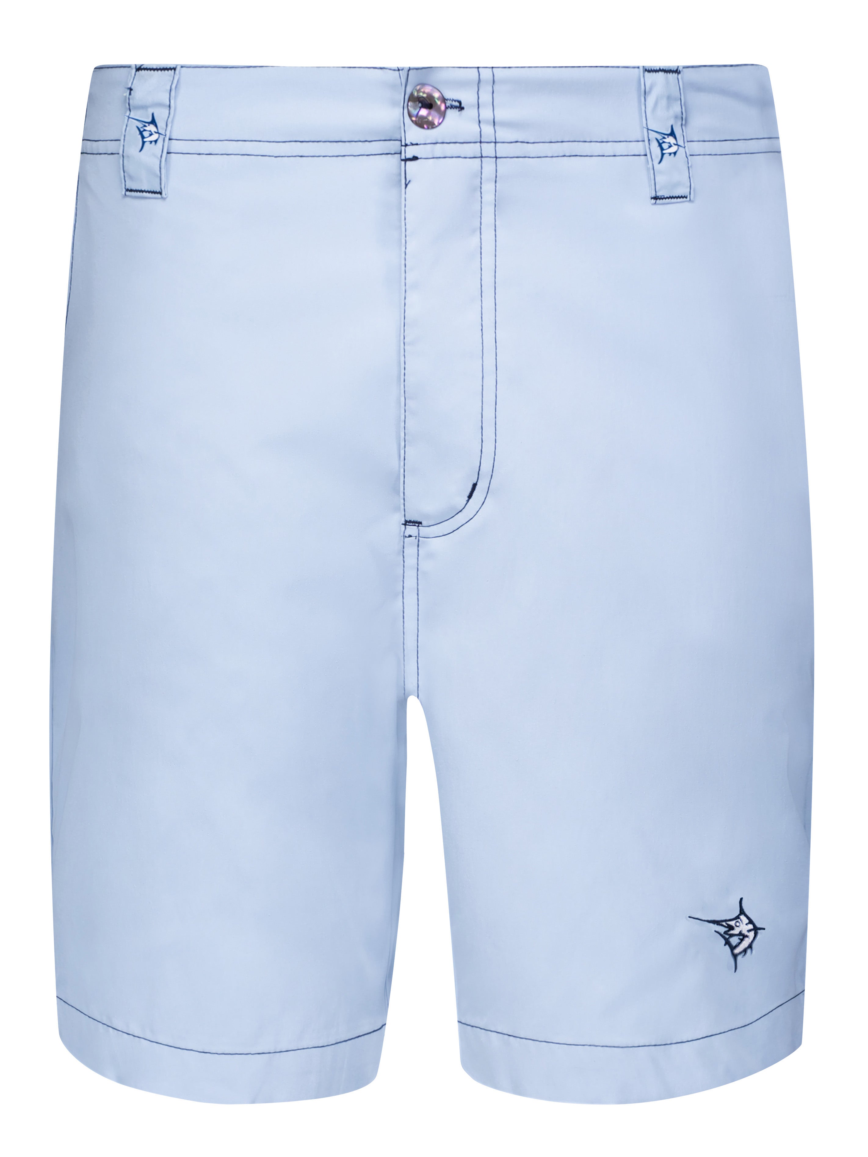 Light blue shorts with a small logo on a white background