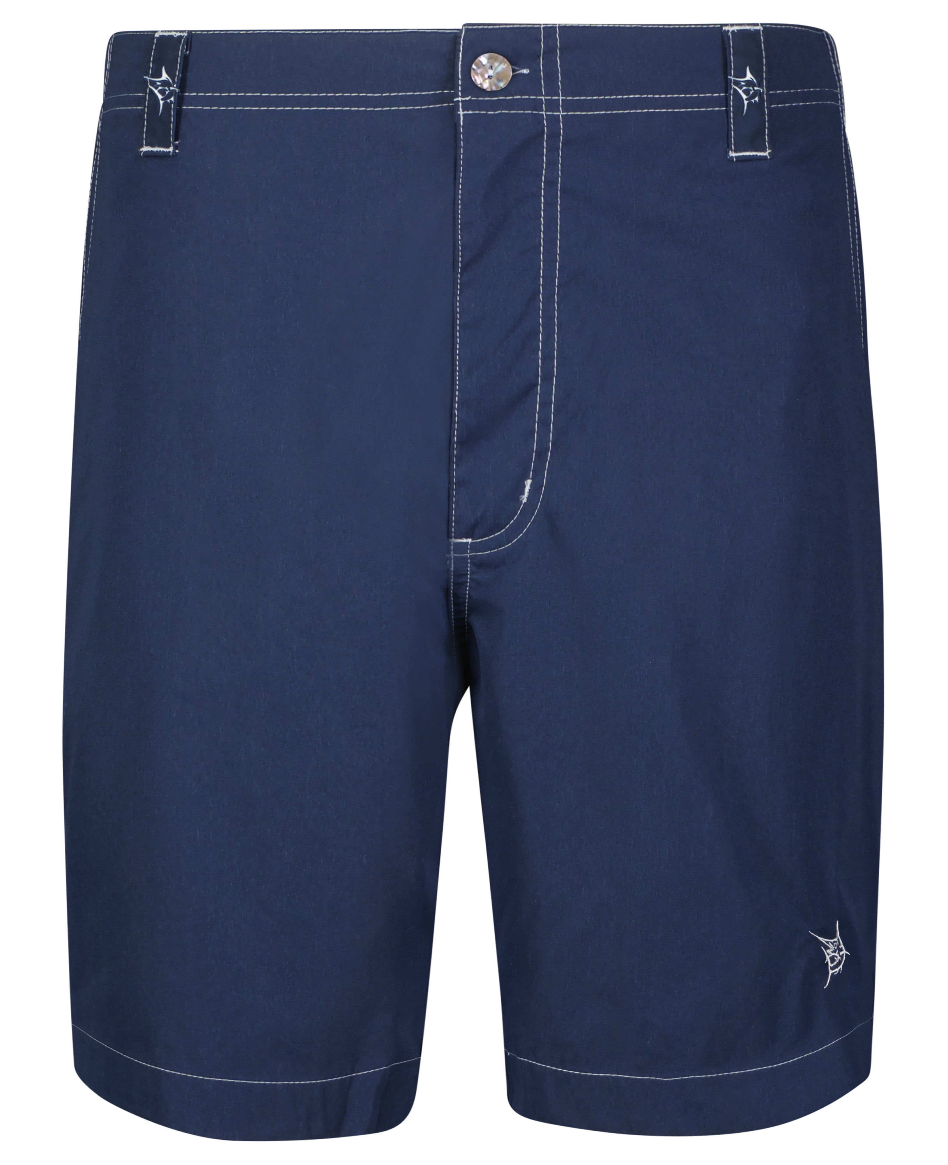 Navy blue shorts with button and zipper on a white background