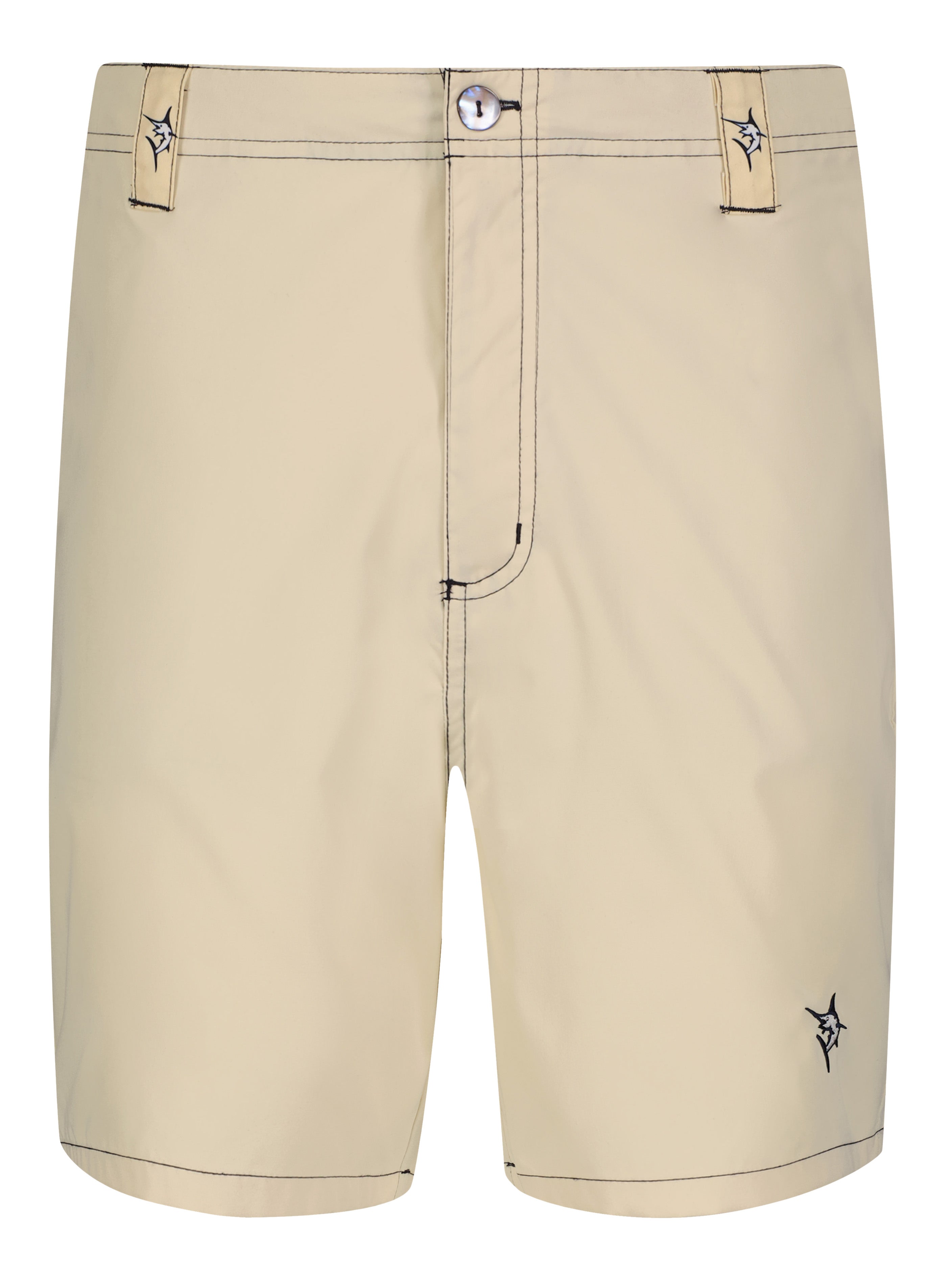 Beige shorts with button details on a white background