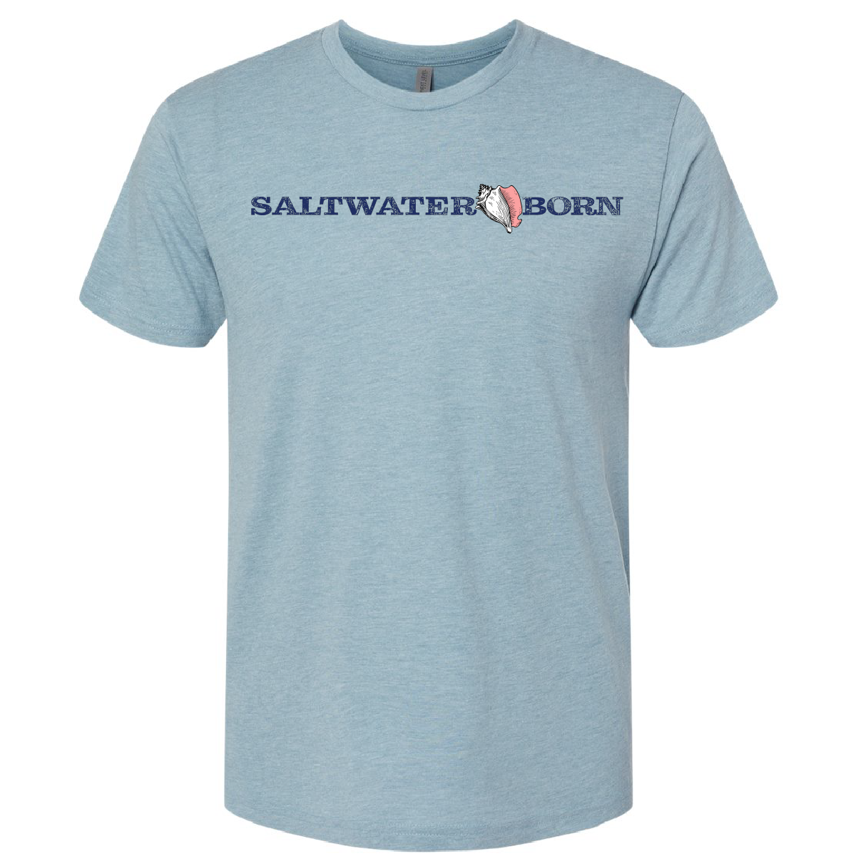 A light heather blue short-sleeve crewneck t-shirt with 'SALTWATER BORN' printed across the chest in navy blue text, accompanied by a small pink and white shell graphic, shown on a plain white background.