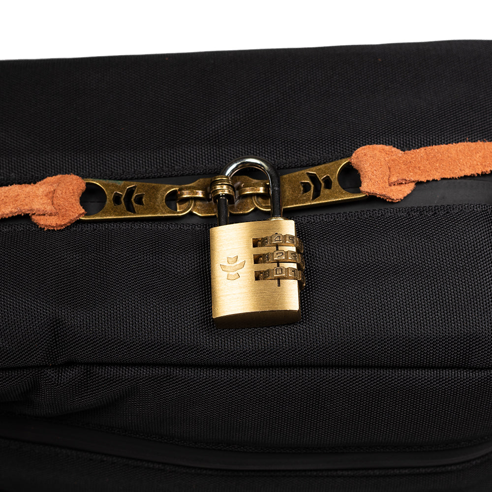Black bag with a gold padlock on a white background