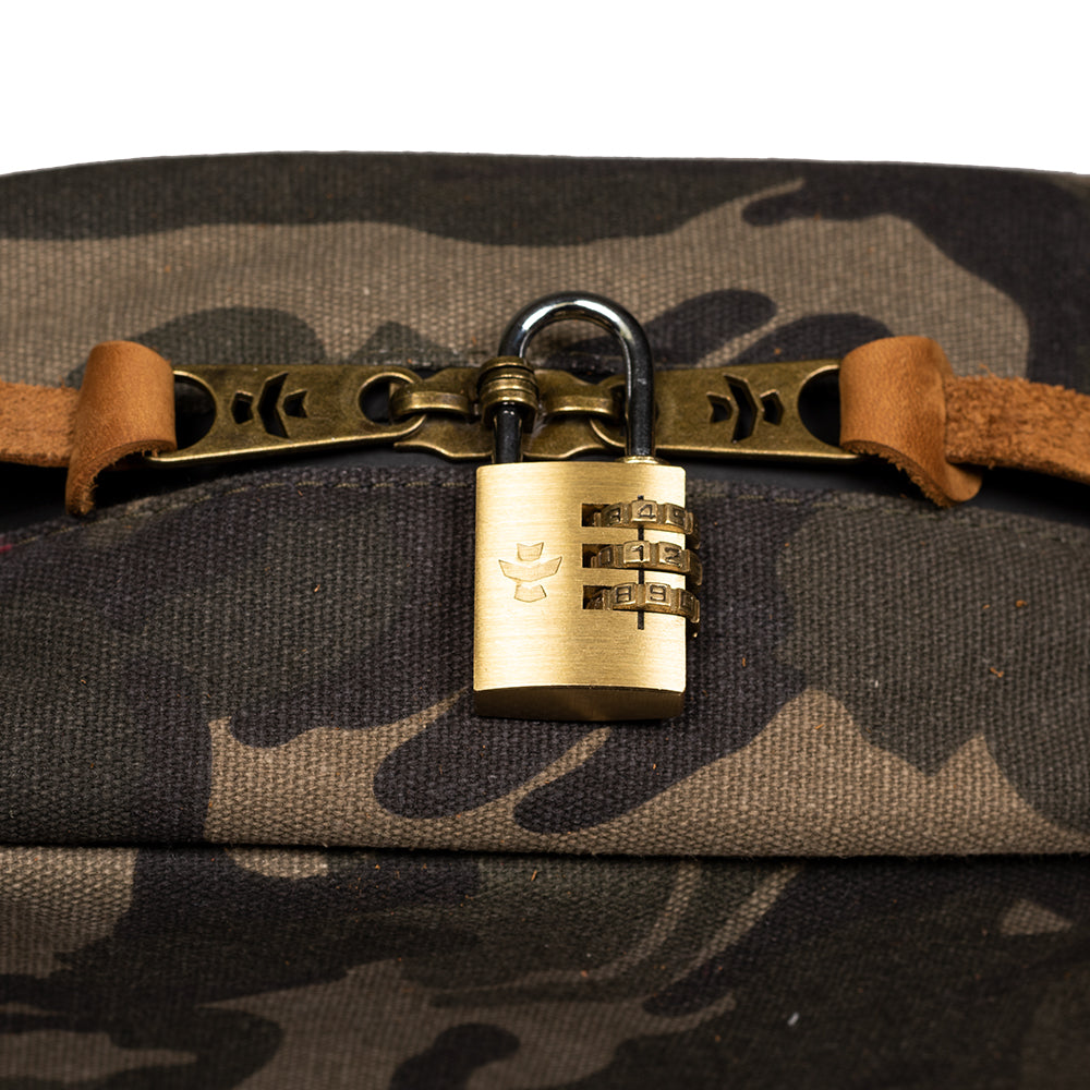 Camouflage bag with a gold padlock on a white background