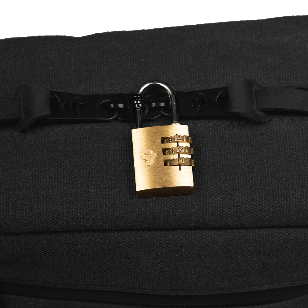 Black bag with a gold padlock on a white background
