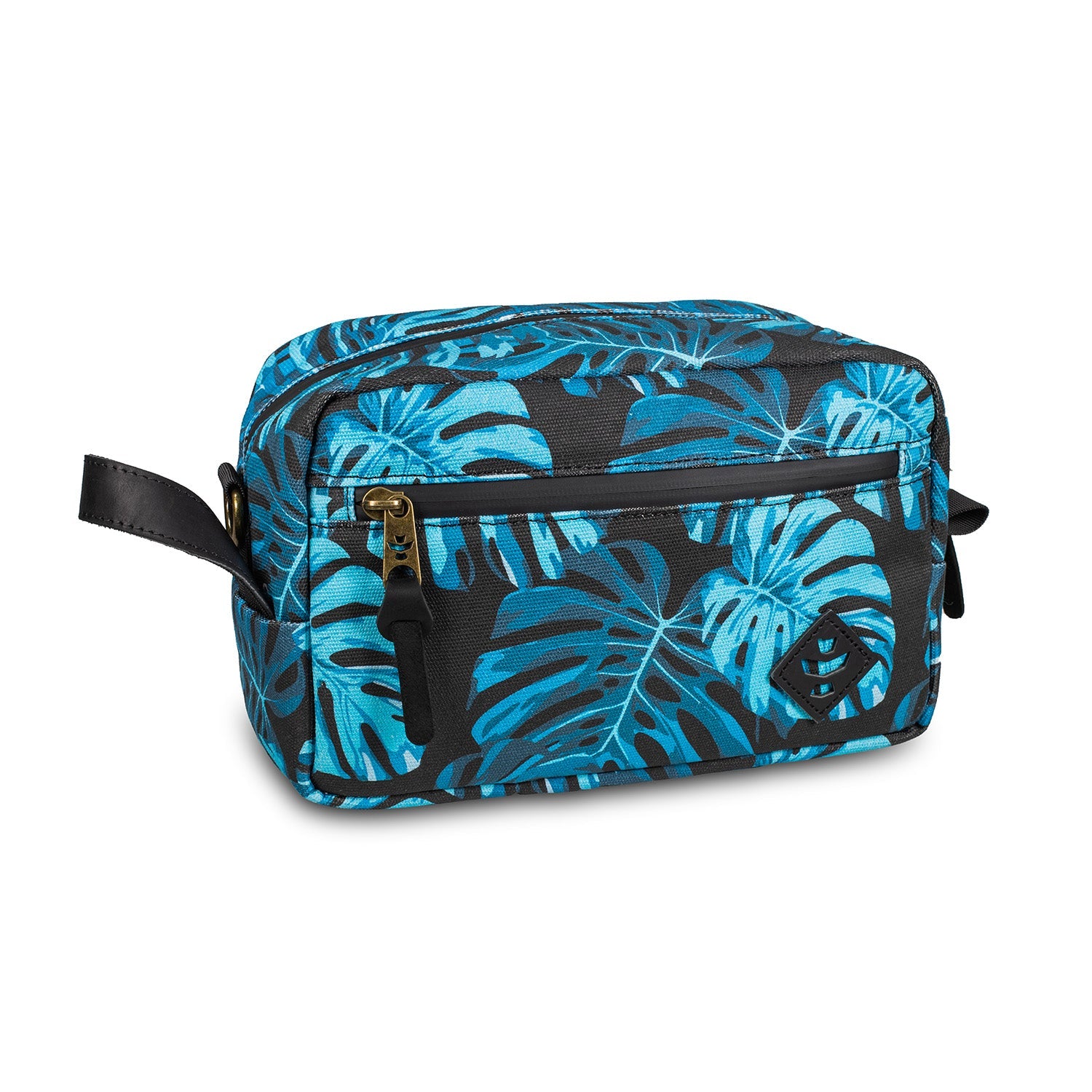 Blue floral-patterned toiletry bag with black accents on a white background