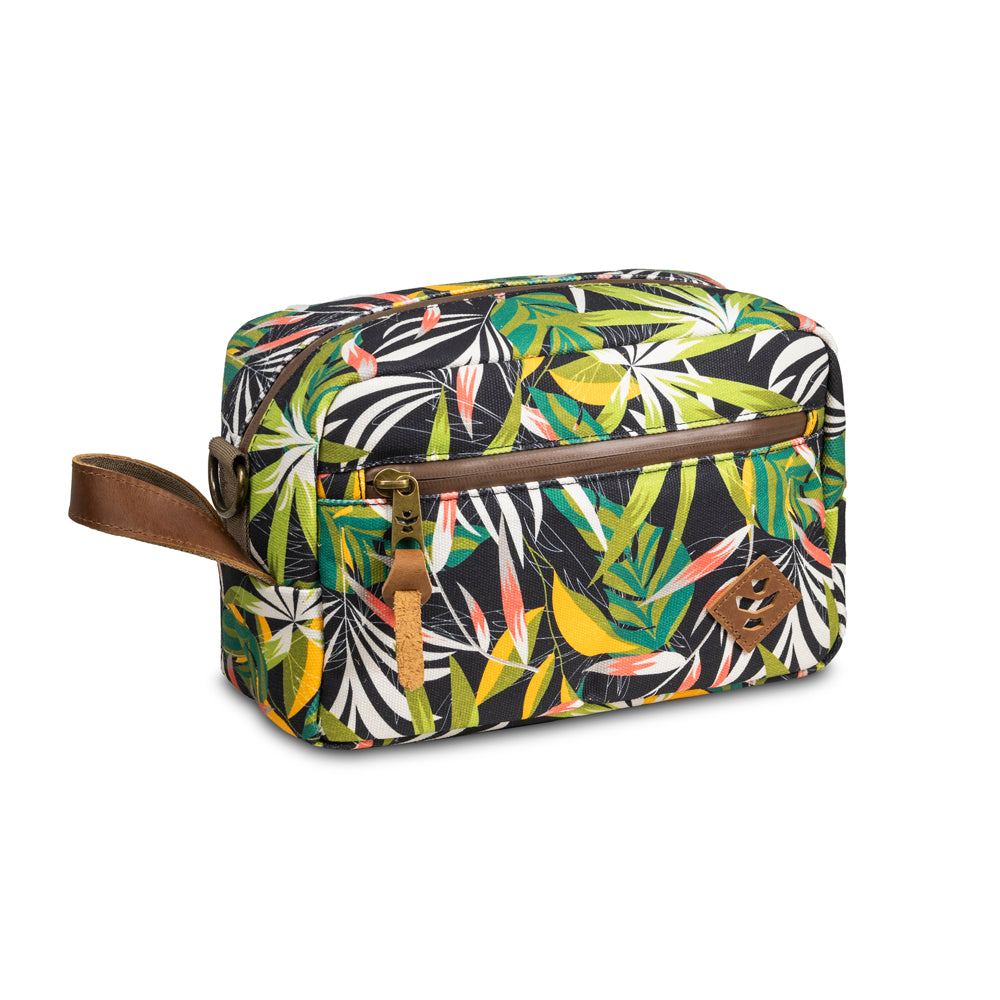 Toiletry bag with tropical leaf pattern on a white background