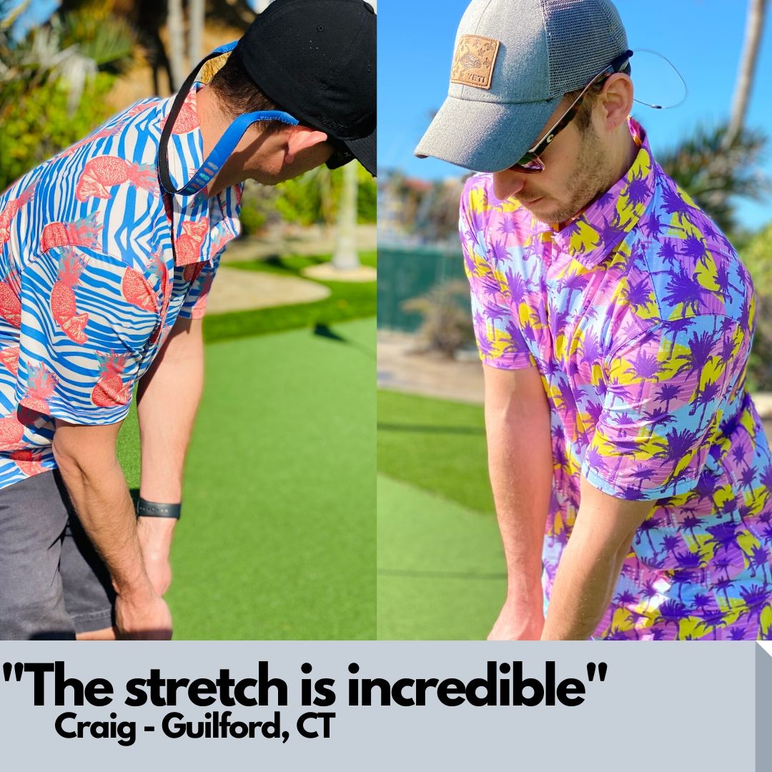 Two men on a golf course wearing colorful shirts with patterns, with text about a 'stretch' and location.