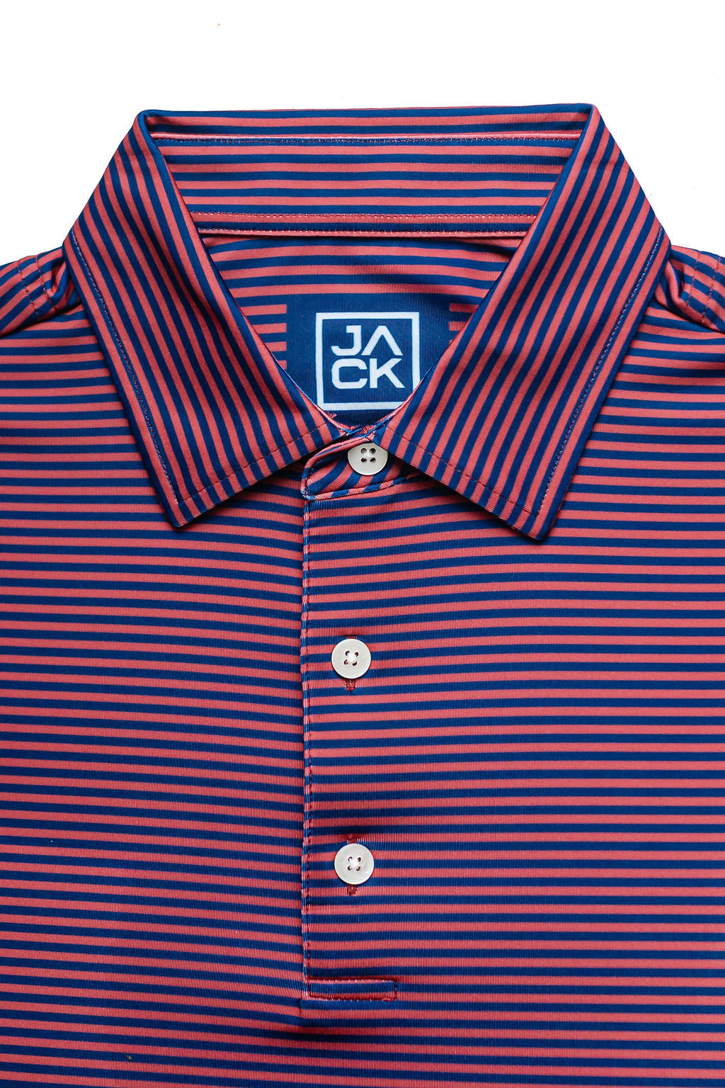 Red and blue striped polo shirt with a brand logo on a white background