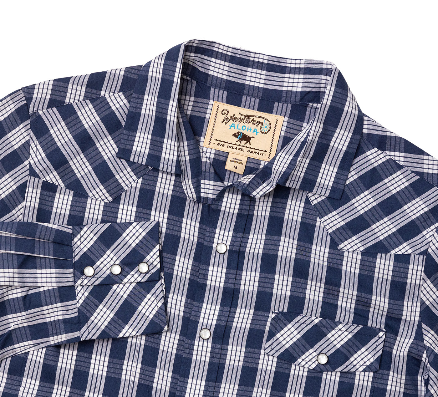 Blue and white plaid shirt with a brand label on a white background