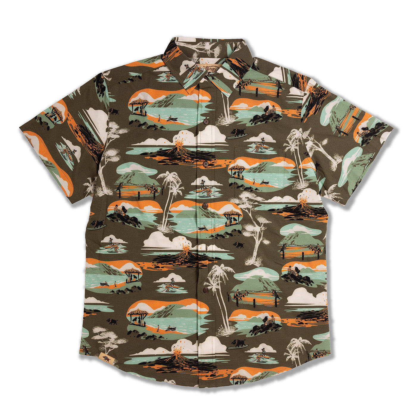 Short-sleeve shirt with a tropical landscape pattern on a white background