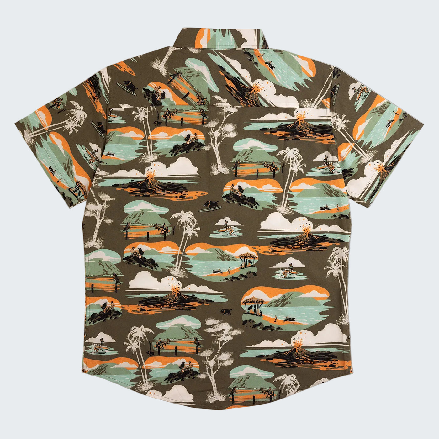 Short-sleeve shirt with a tropical island pattern on a white background