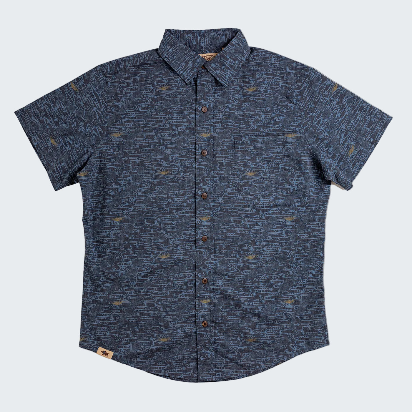 Blue patterned short-sleeve shirt on a white background