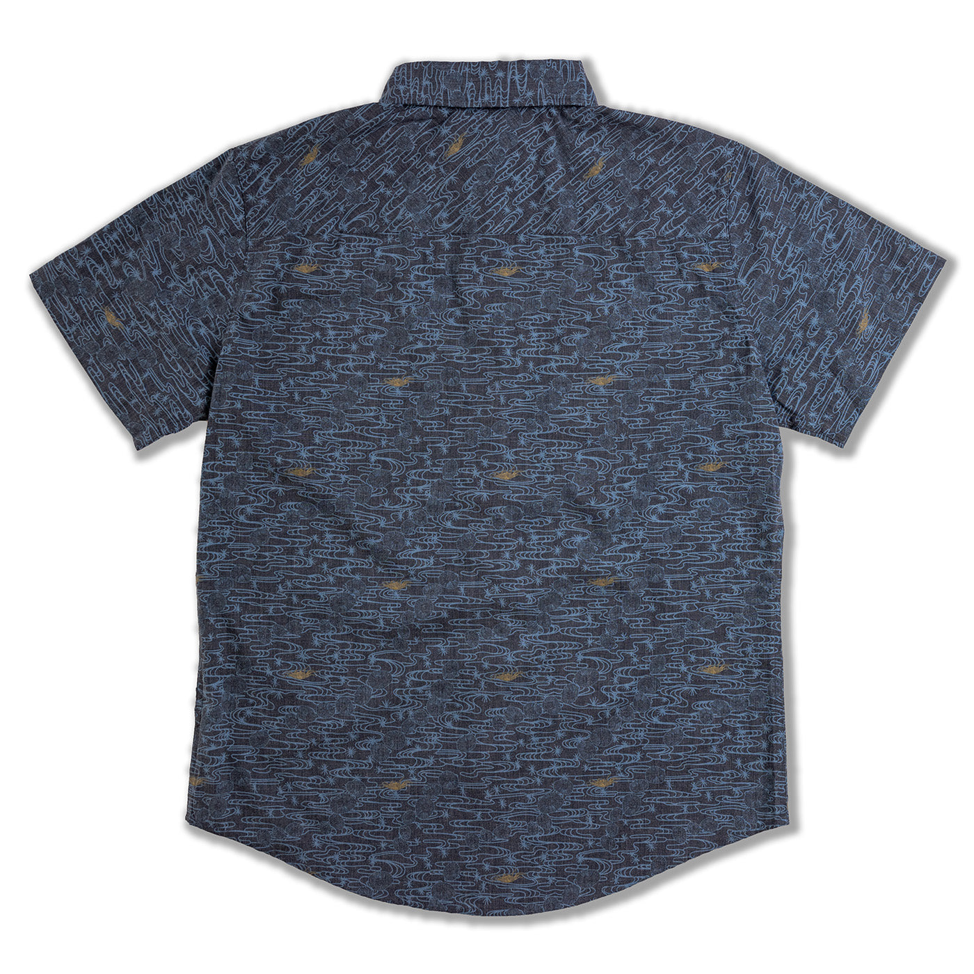 Back view of a blue patterned shirt on a white background
